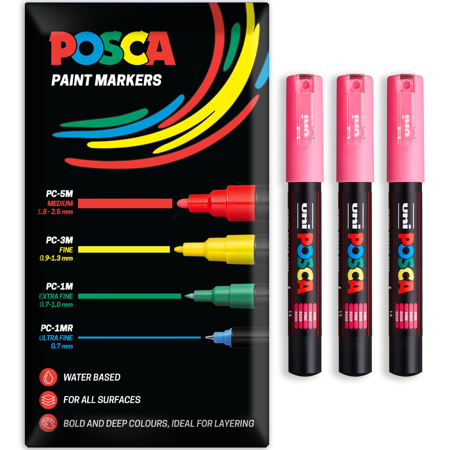 Posca Water Based Acrylic Paint Marker Pens | Multi Surface Use Permanent Paint Pen | Pack of 3 Pens in Envelope Gift Packaging | Glass, Fabric, Canvas, Wood etc | PC-1M, Pink