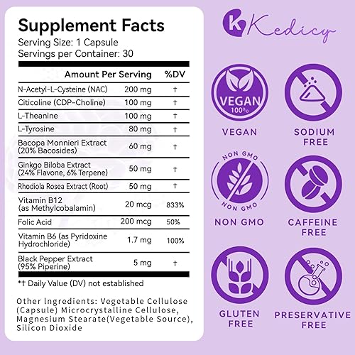 Miniatura 2 de Suplementos cerebrales para la memoria y la concentración, suplemento cerebral 11 en 1 con NAC, B12, L-teanina, Bacopa Monnieri y más, para cerebro,