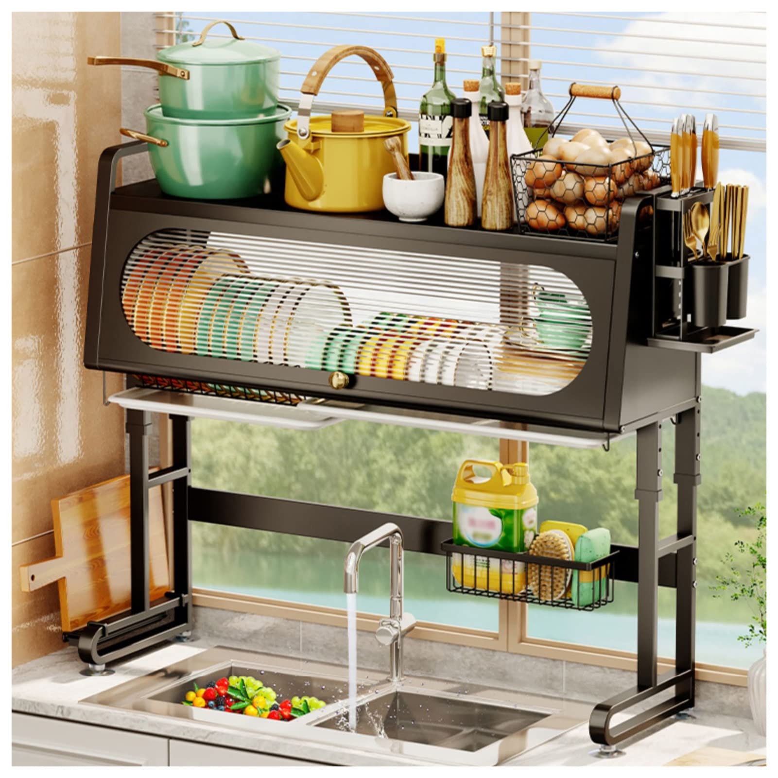 SaryEdge Dish Drying Rack Over The Sink Dish Drying Rack,Over Sink Dish Drying Rack With 2 Tier Utensil Holder,Large Stainless Steel Dish Racks For Kitchen Counter,Blacka-87cm,Blacka-87cm