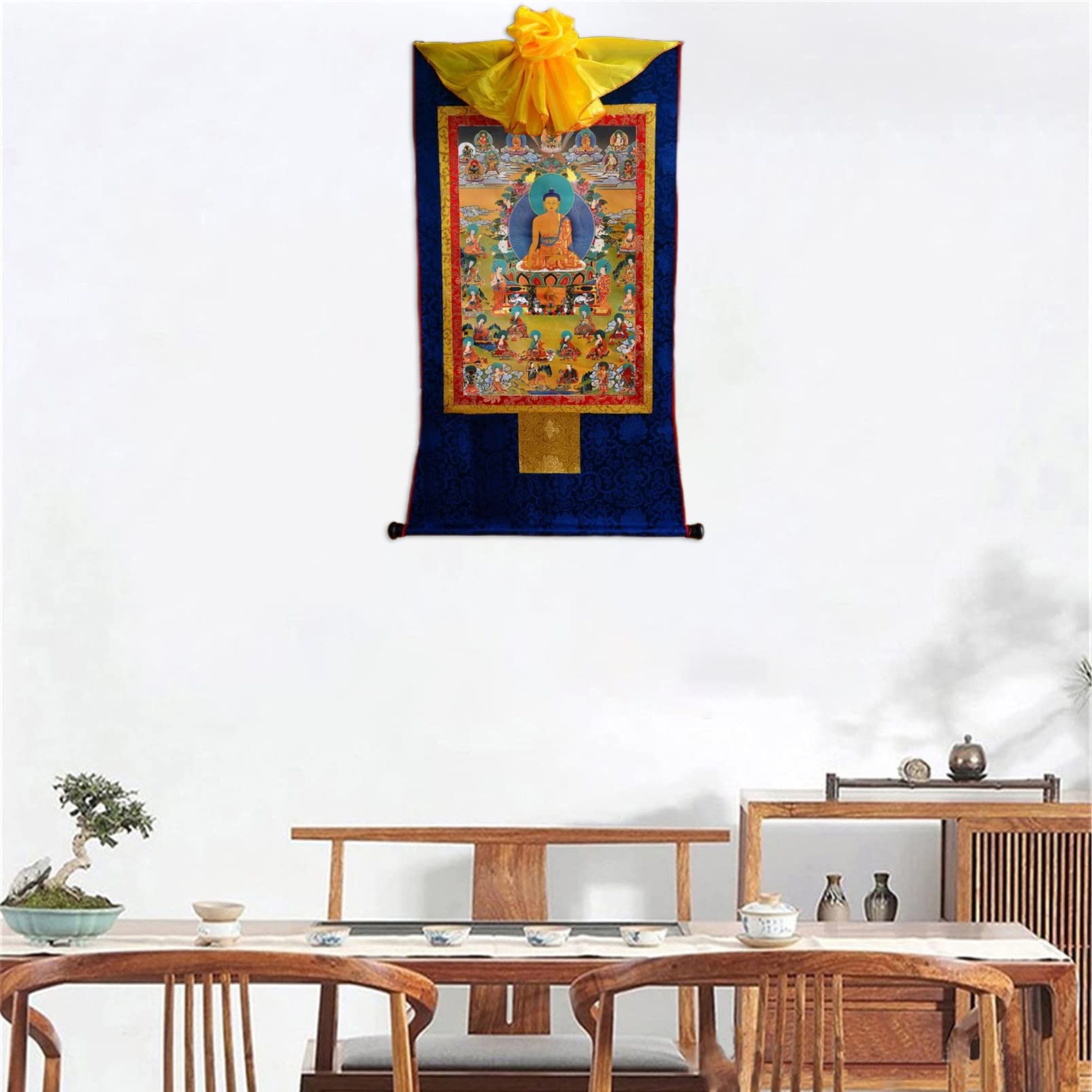 Thangka Buddista Tibetano Buddha Thangka Fatto a Mano in Broccato di Seta da Parete, 13,8 Pollici, 24 Pollici, Blu e Oro(Blue,S)