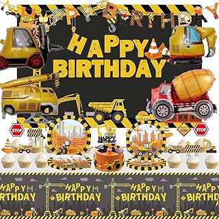 Construction Birthday Party Supplies Serve 20 Guests, Dump Truck Party Decorations include Construction Backdrop, Foil Balloons, Banner, Cake Toppers, Plates, Tablecloth, Construction Party Supplies for Kids