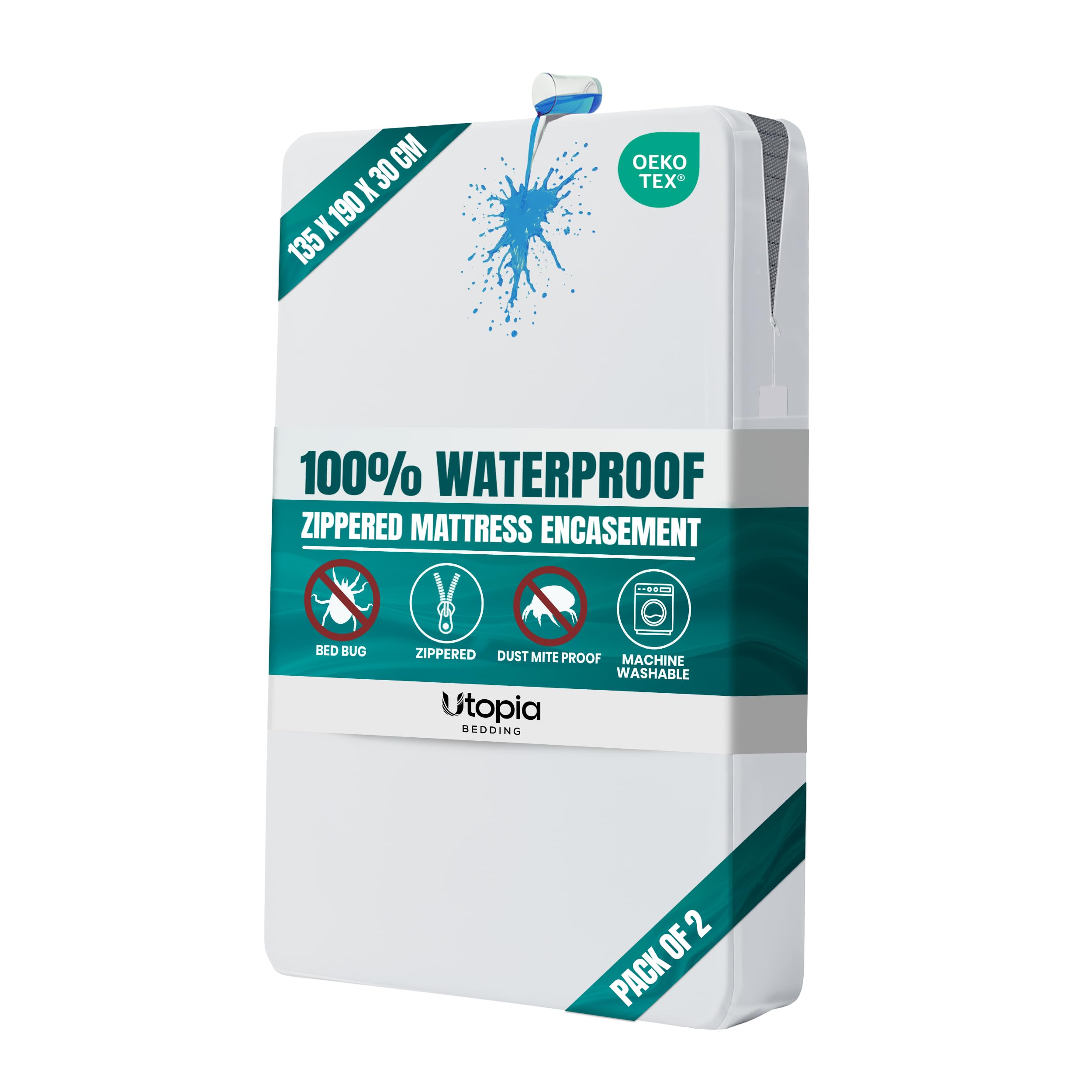 Utopia Bedding White Waterproof Mattress Encasement Double Size (135 X 190 X 30 Cm) Pack Of 2, Zippered Mattress Protector Cover, Bed Bug & Dust Mite Proof,