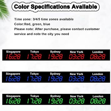 Large Digital LED World Clock, 3/4/5 Time Zone Wall Mounted City Time Zone World Clock, Hotel, Multinational Corporation,Green-4City