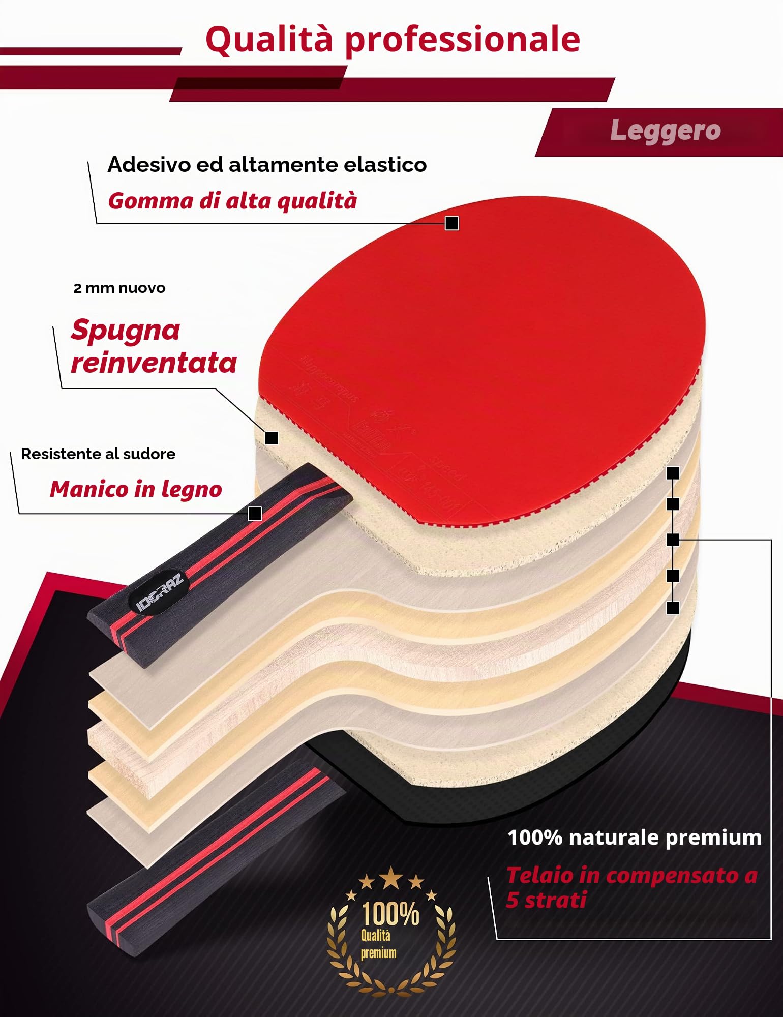 Racchetta professionale da ping pong, con custodia per il trasporto, in gomma approvata ITTF per tornei, ottima racchetta da ping pong