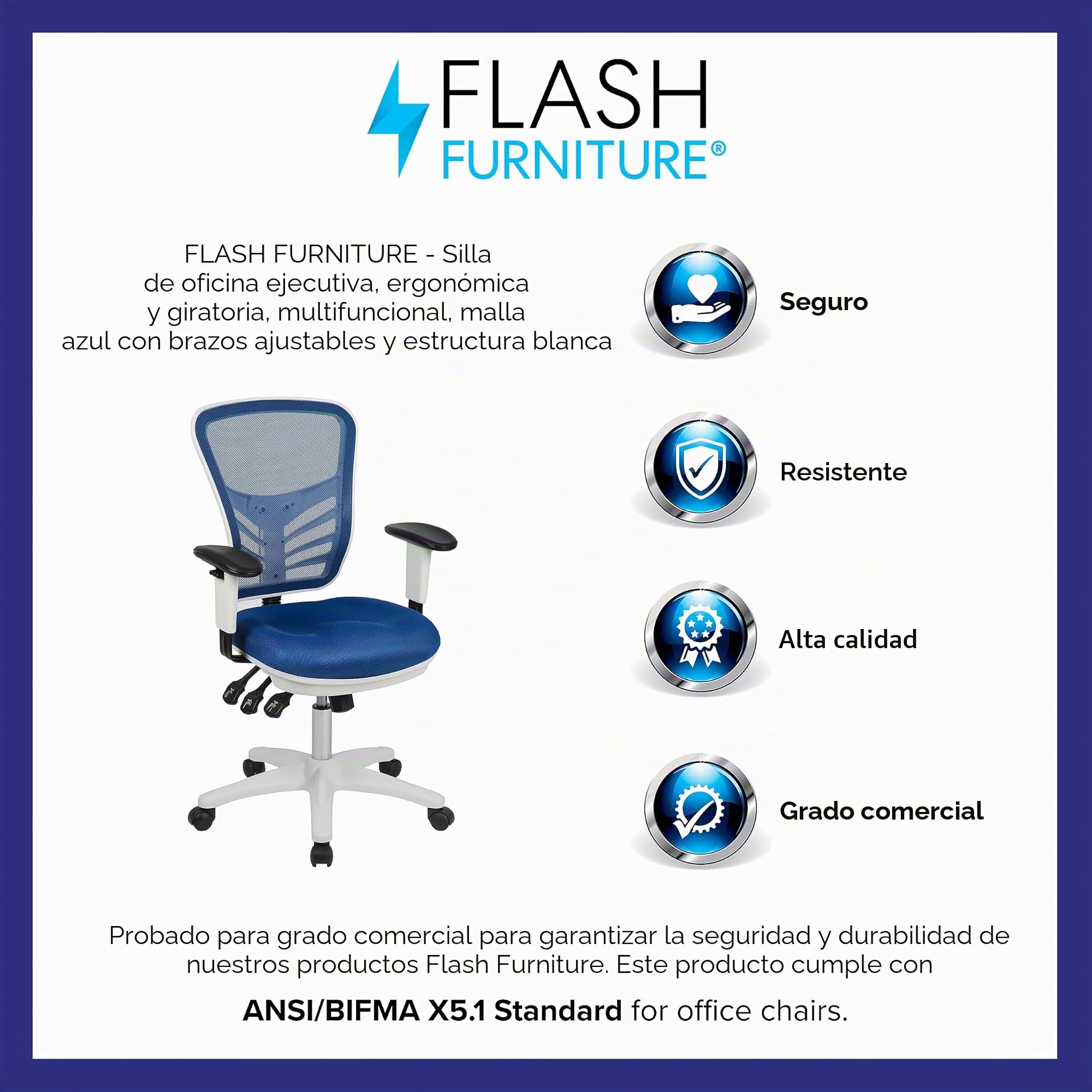 Flash Furniture Nicholas - Silla de Oficina ergonómica giratoria multifunción de Malla Azul con Brazos Ajustables y Marco Blanco