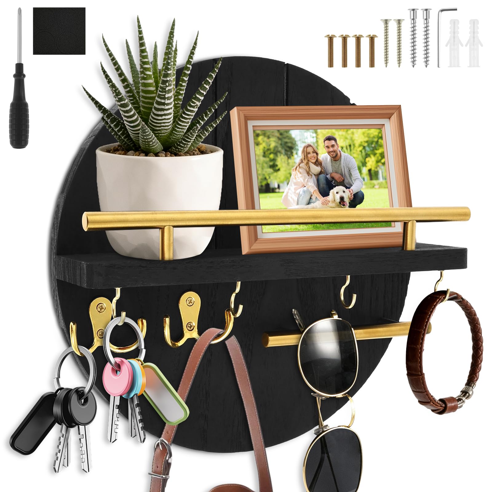 Organisateur de clés et courrier en bois noble avec étagère murale ronde design pour couloir