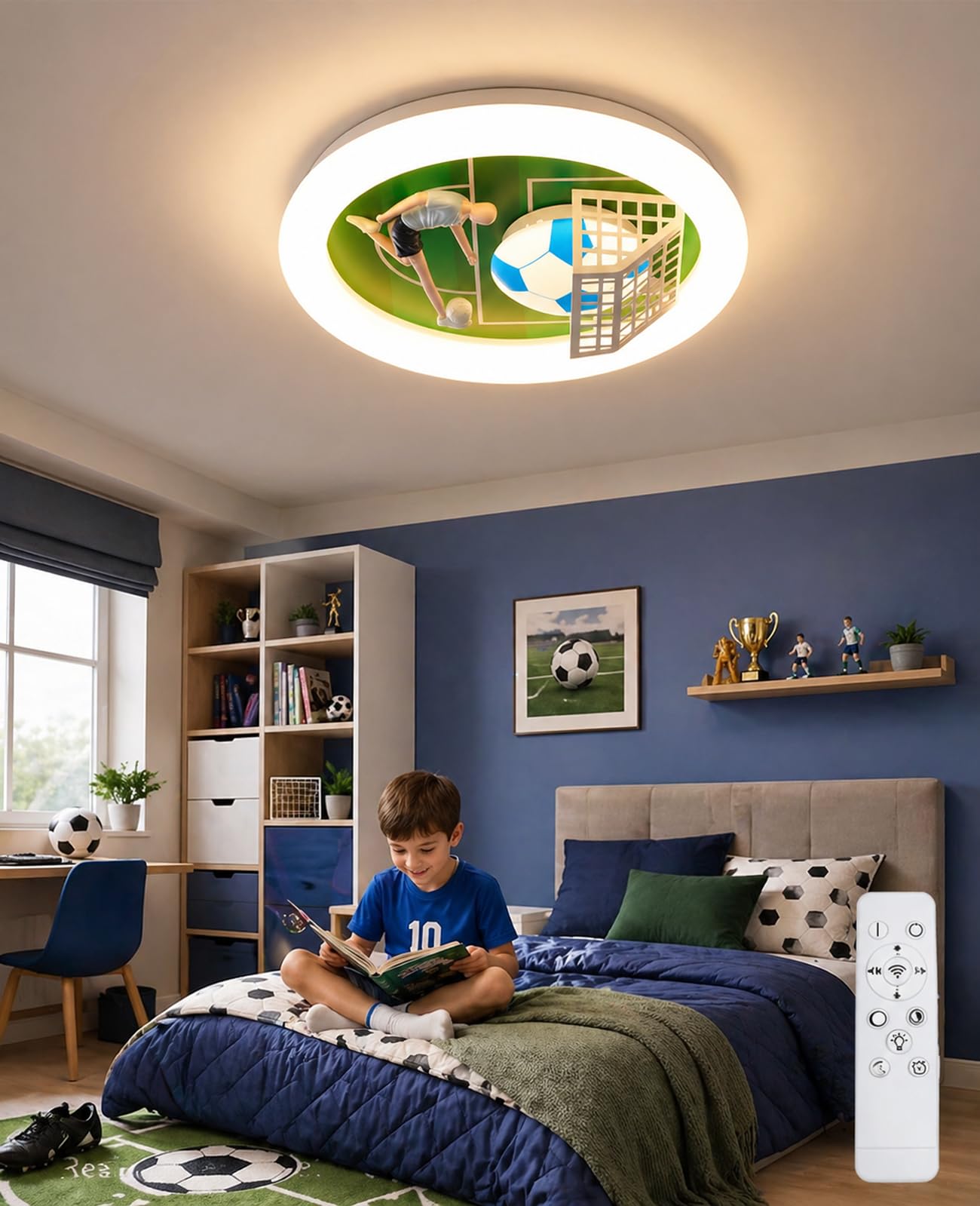 DROMEZ Fußball Deckenlampe Kinderzimmer, LED Deckenleuchte Kinder mit Fernbedienung Dimmbar, Lampe Decke 48W 2400LM 3000K/4500K/6000K, Schlafzimmer für Junge Mädchen Deko, Ø50cm