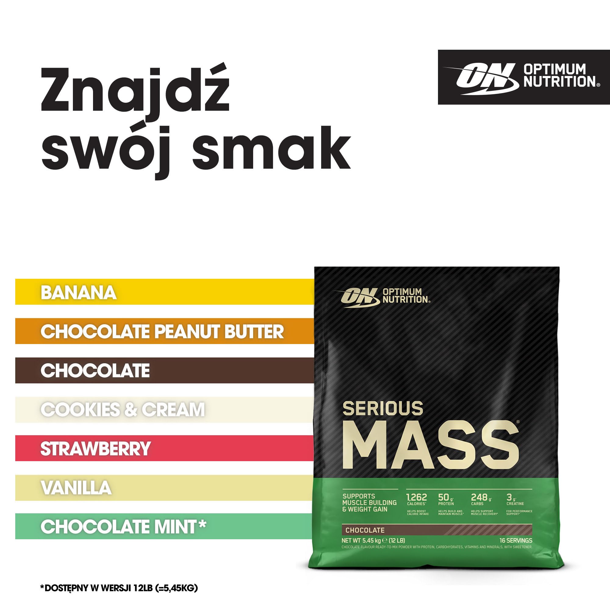 Optimum Nutrition Serious Mass Wysokokaloryczna Odżywka Białkowa, Gainer na Wzrost Masy Mięśniowej, 25 Witamin i Minerałów, Monohydrat Kreatyny i Glutamina, Smak Czekoladowy, 16 Porcji, 5,45 kg