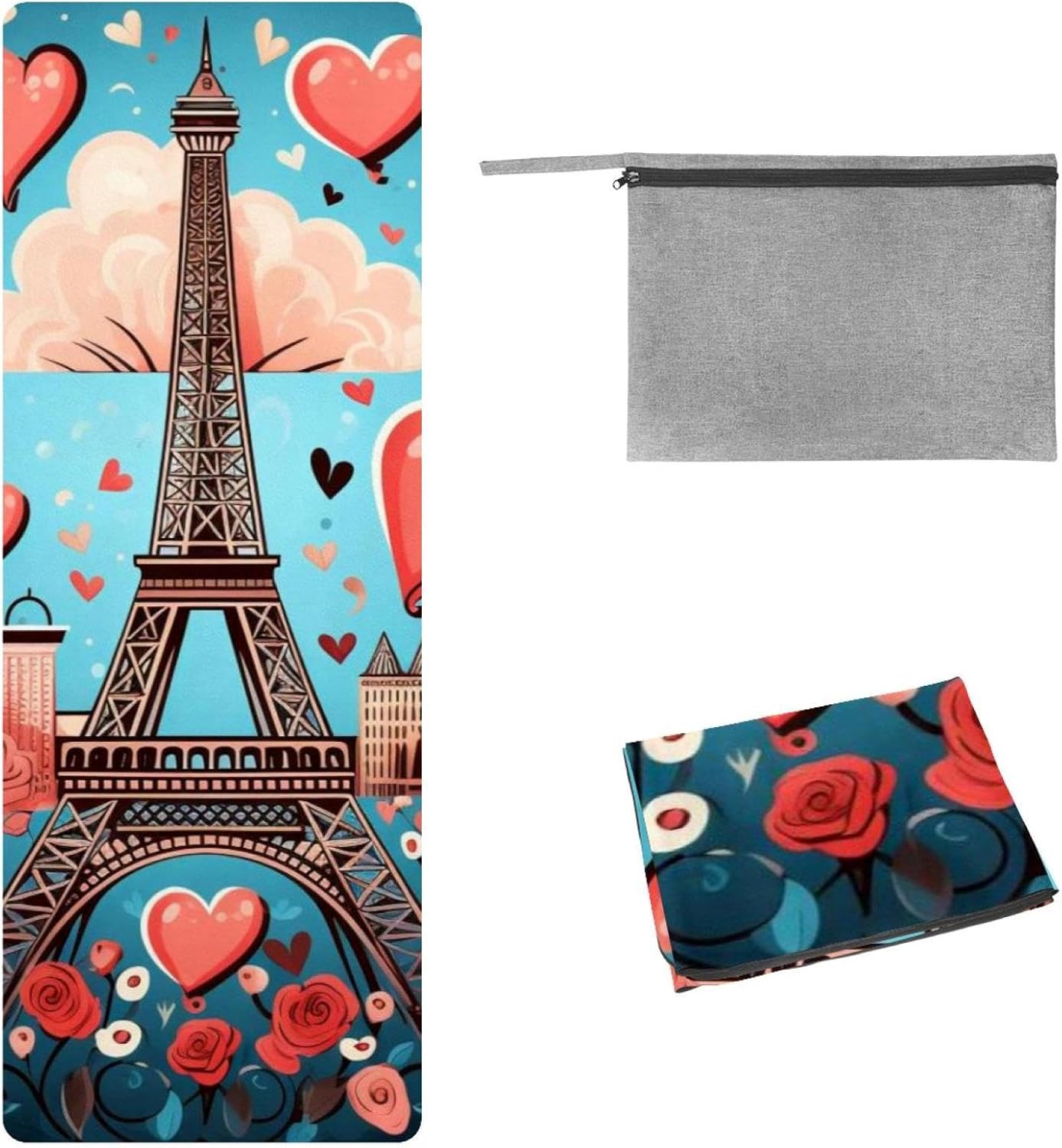 Yoga Towel, Eiffel Tower Valentine's Day Pattern Non Slip Sweat Absorbent Hot Yoga Mat Towel for Hot Yoga, Pilates and Fitness - 72.8" x 26.8"