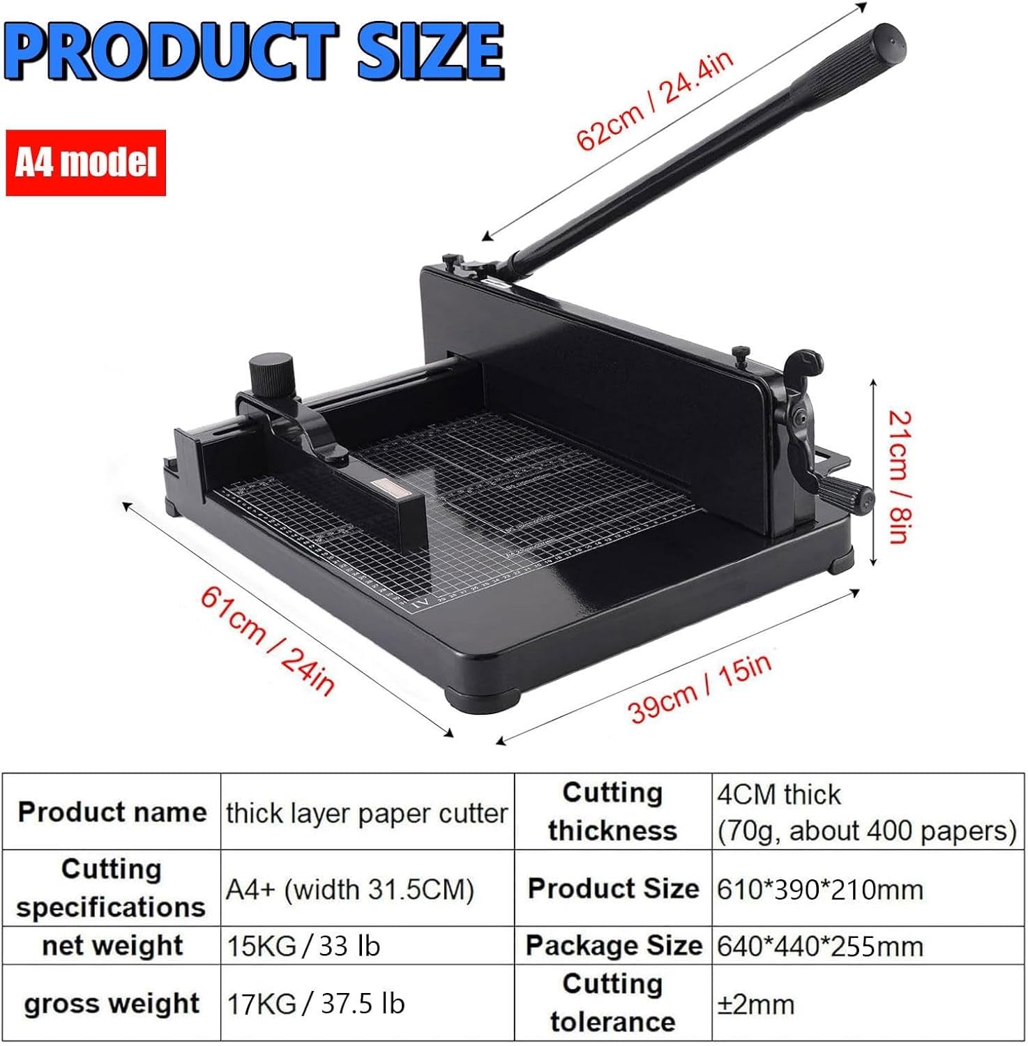 Robuster industrieller Papierschneider, A3 A4 manueller Trimmer mit 400 Blatt Kapazität, automatische Klemme, Klingenverriegelung & Sicherheitsschutz zum Schneiden von Papier, Leder, PVC