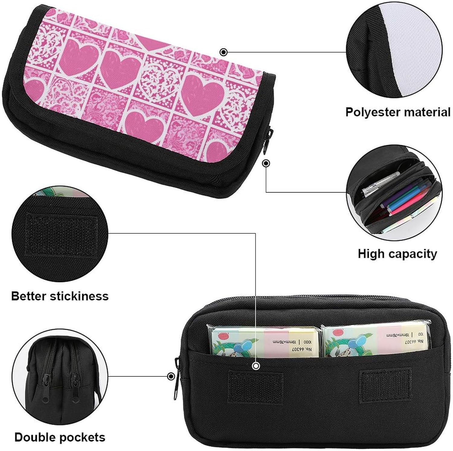 Pencil Pouch White Love Heart Pencil Case for Men Women Cosmetic Bag Aesthetic Pen Bag for Office Multifunctional Bag Marker Pen Case