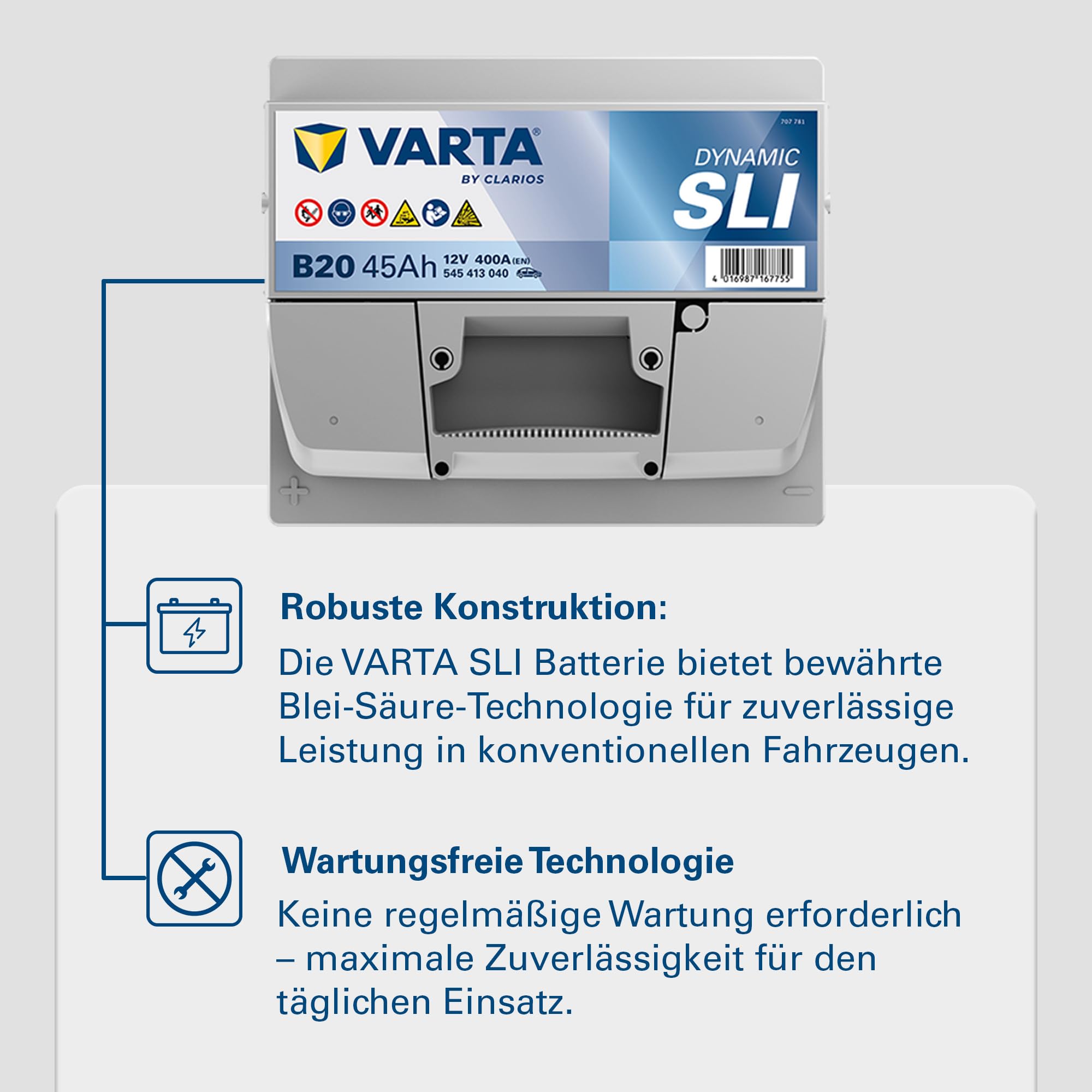 VARTA Automotive DYNAMIC SLI (B20) 12V 45Ah 400A - Nassbatterie KFZ mit Standardausstattung & ohne Start-Stopp System - Starterbatterie für einfachen Energiebedarf - Bleisäurebatterie wartungsfrei
