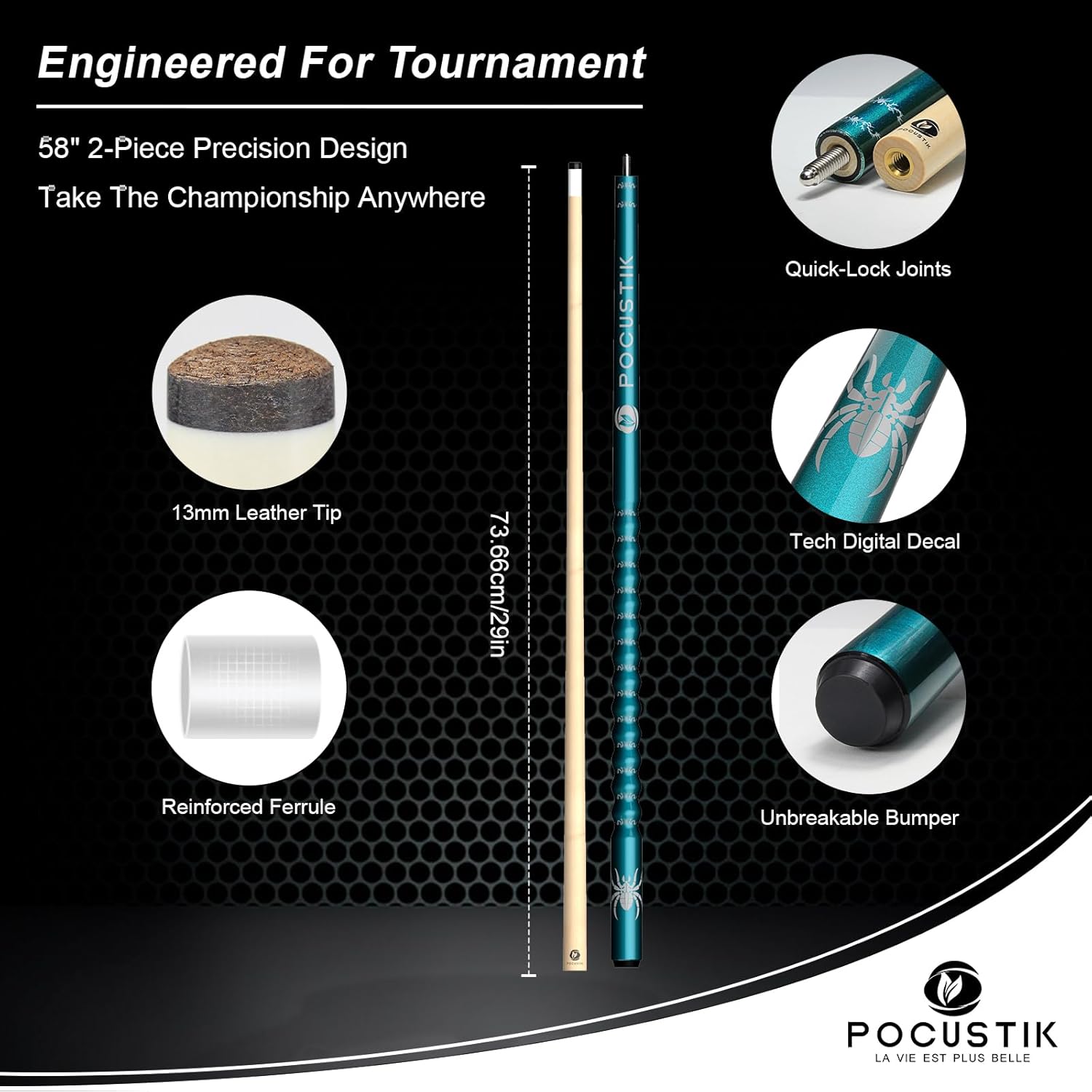 Pool Cue, 58" 2-Piece Canadian Maple Billiard Stick with Ergonomic Grip & 13mm Tip, Pro Pool Stick in 6 Colors & 4 Weights (18-21oz) Options for House Bar, Incl. Chalk