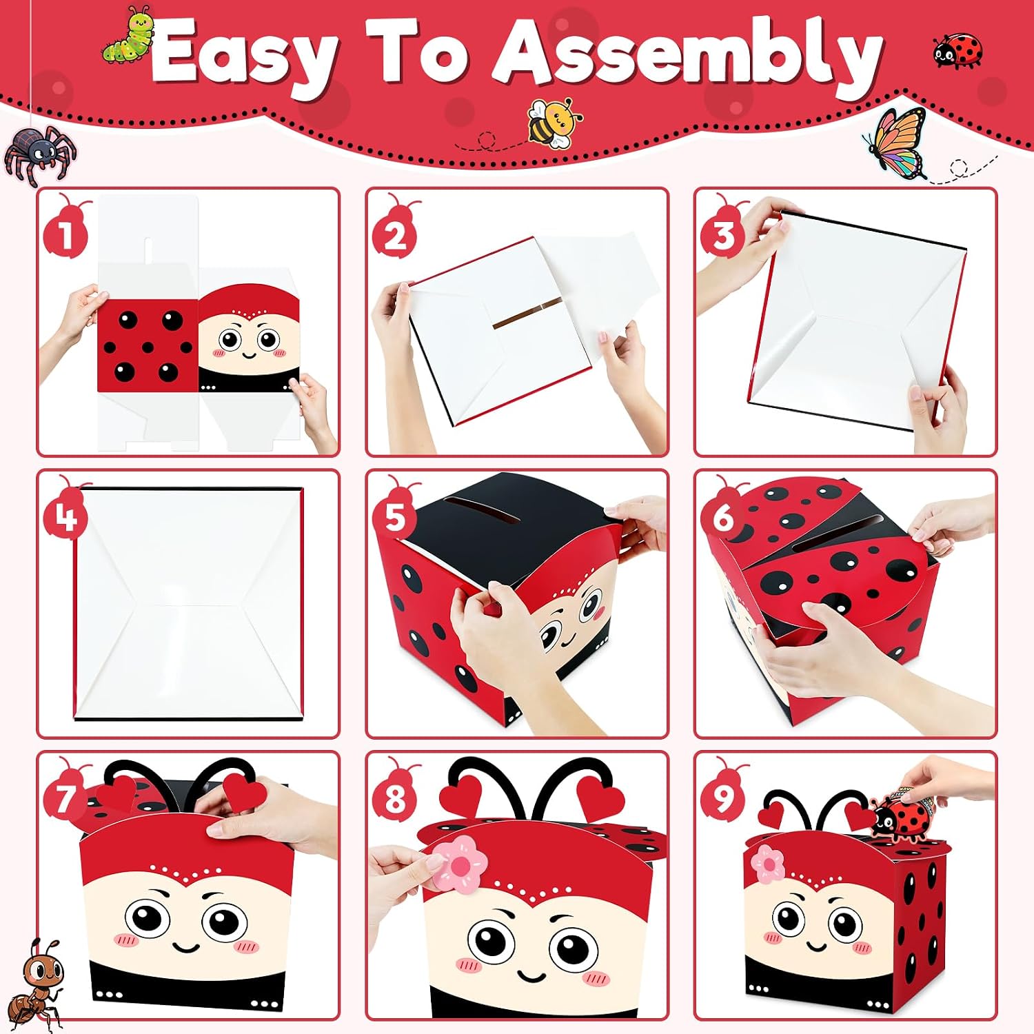 Valentines DIY Mailbox for Kids with 36 Greeting Cards Valentine's Day Ladybug Card Box for Kids Classroom School Gift Exchange Valentines Party Favors(30 Valentine Card, 6 Teacher Card)