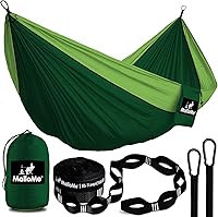 Vista 10 de Hamaca MalloMe para una o dos personas, para camping, set de hamaca colgante con 3 correas para árbol, hecha de nailon, es ligera, capacidad para 2