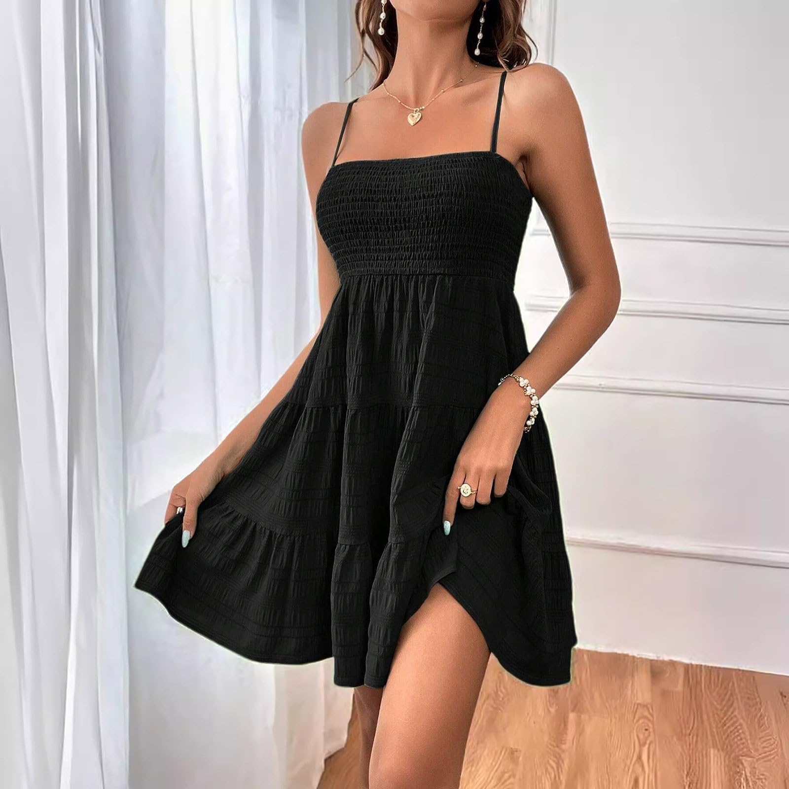 Abito Corto Tinta Unita Orlo Con Volant Senza Maniche Mini Estivo Sexy