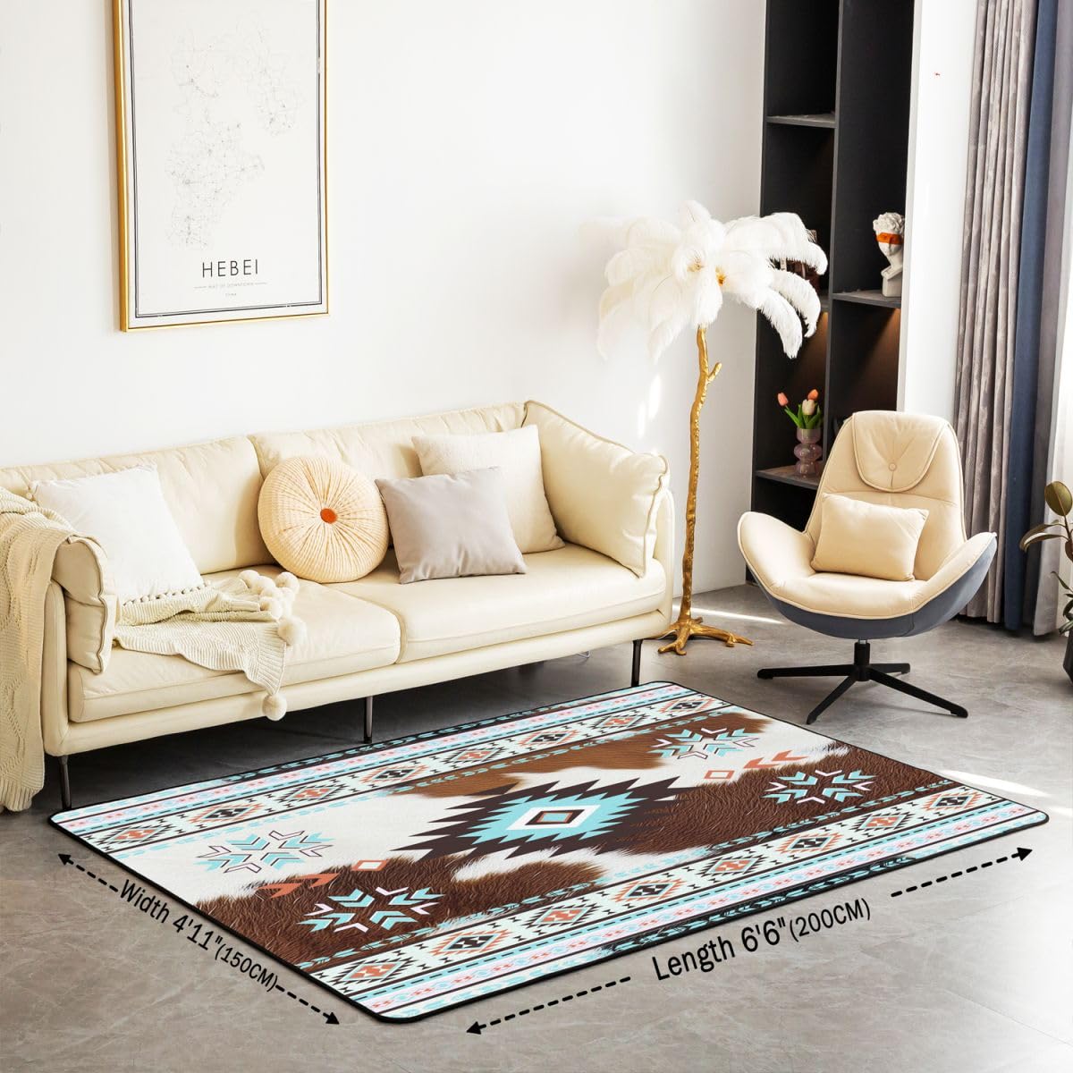 Homewish Jasnoniebieski aztecki dywan 100 x 150 cm - krowa góralska kryjówka dywan do salonu brązowy zachodnia skóra zwierzęca nie gubi włosia dywan południowy zachód rodzimy design duże dywany