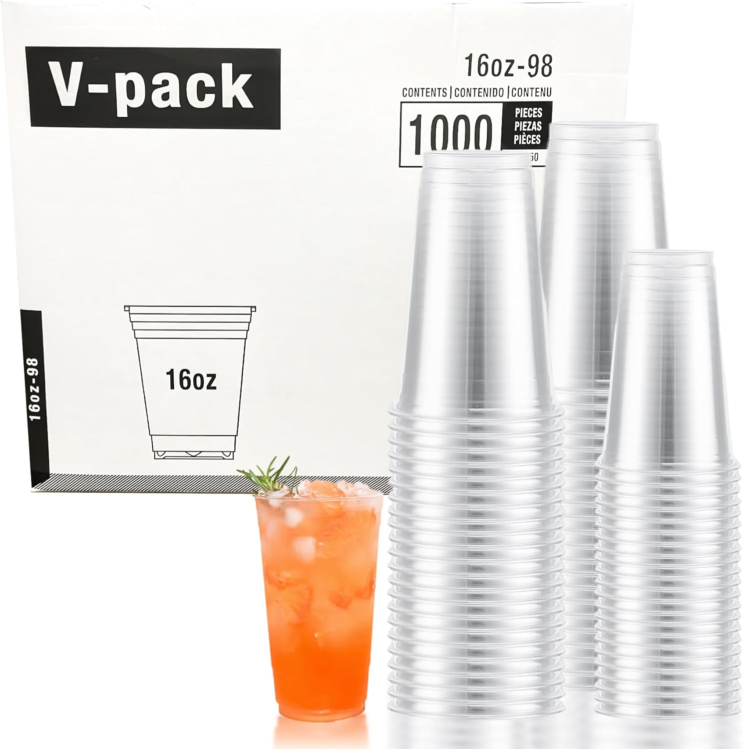 16oz Plastic Cups, Clear Disposable Cold Cup for Iced Coffee, Smoothies, and More, 98mm 1000 Pack Crystal PET Clear Plastic Cups