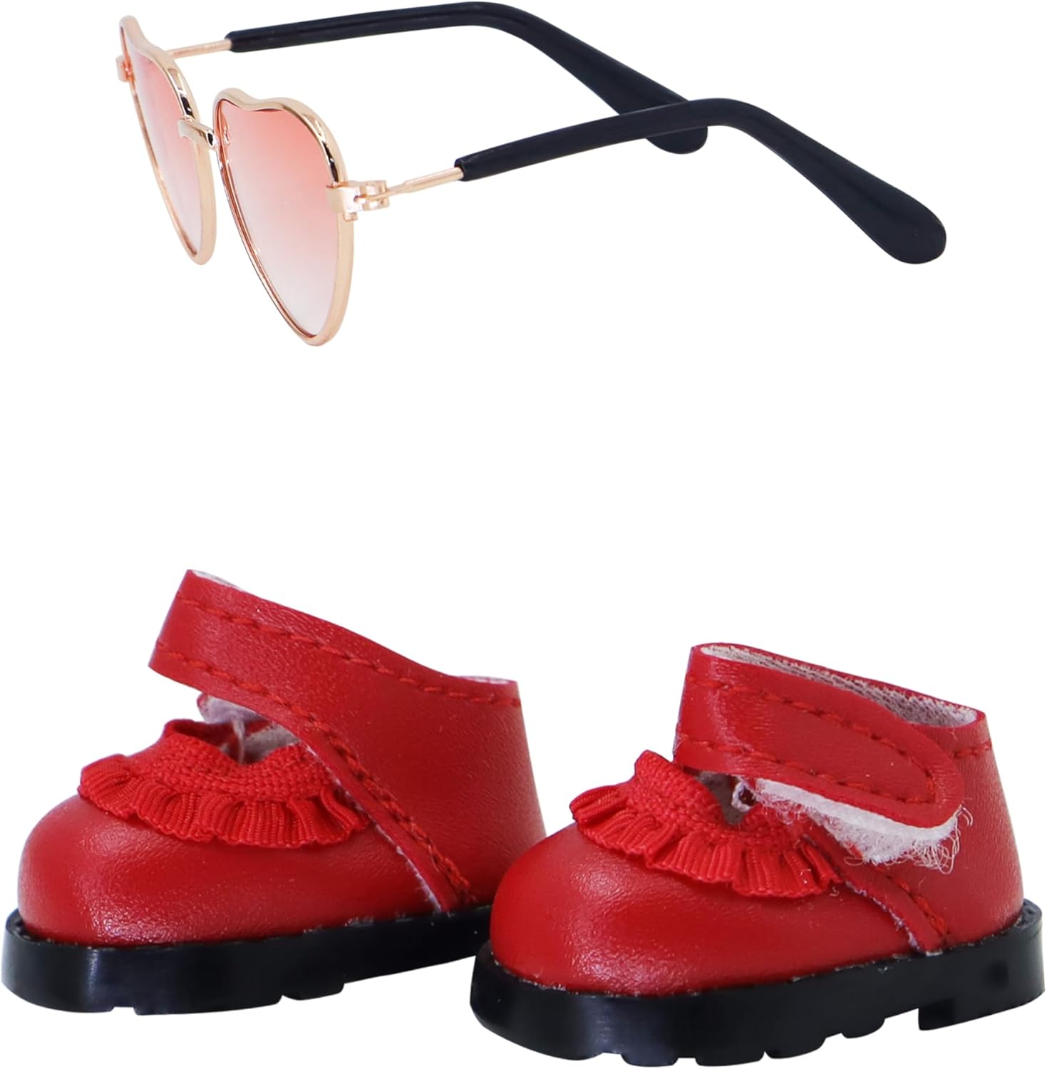 Suitable for 17cm Doll Clothing Accessory Set, Buckle Leather Shoes and Two-Piece Glasses Set (Red)