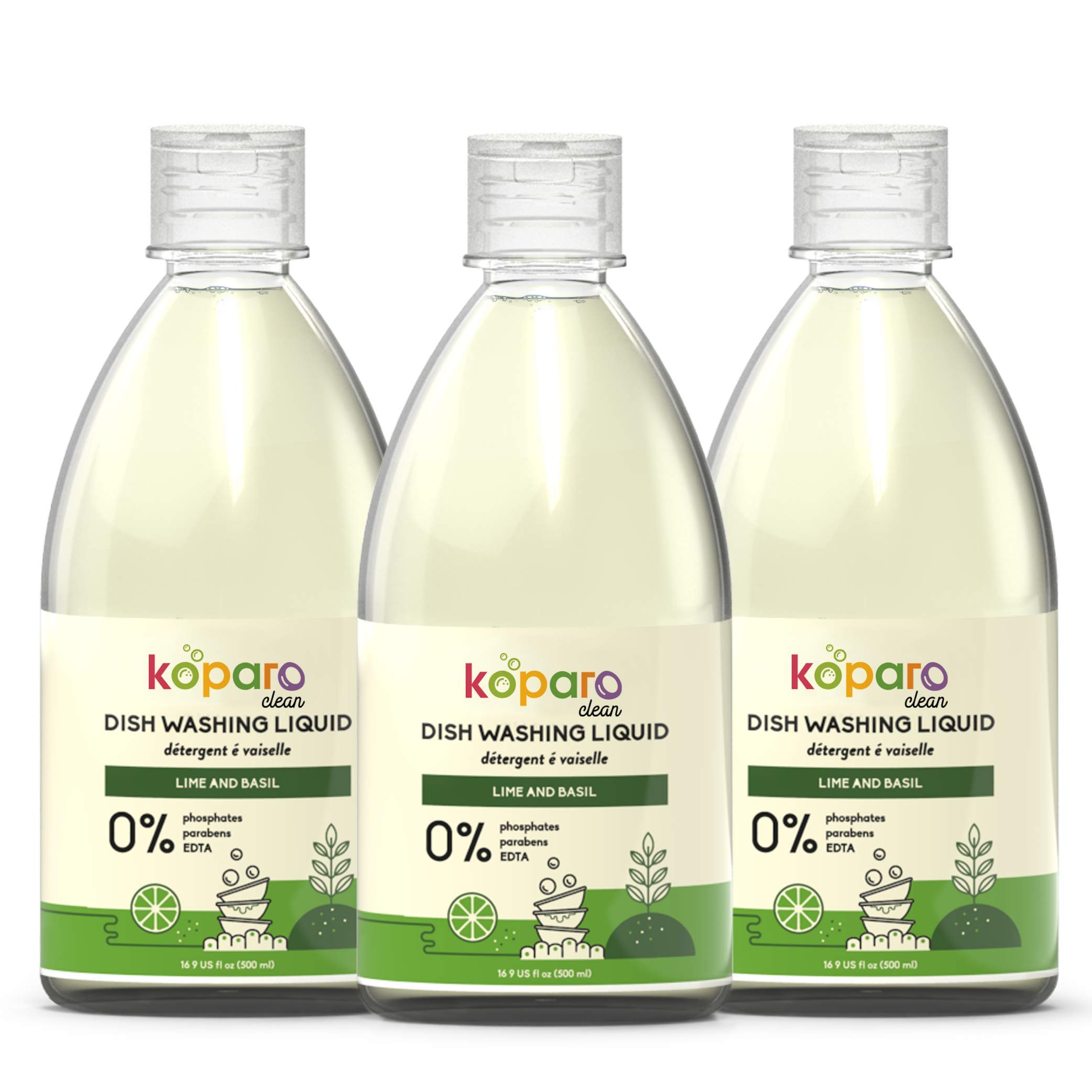 Koparo Clean Dishwashing Liquid with Power of Lime & Basil - Natural and Non Toxic - Baby Safe - Eco Friendly - 500 ml x 3