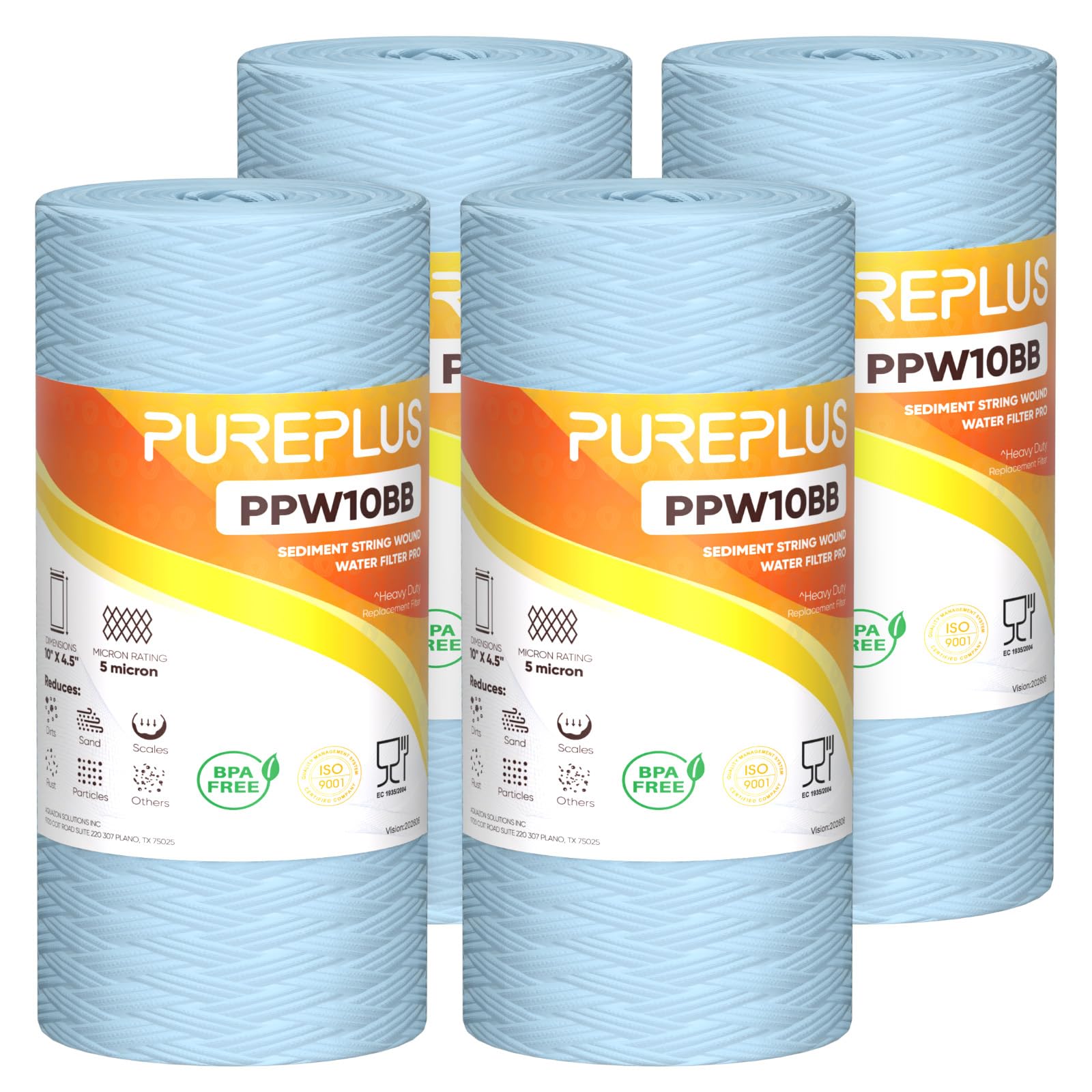 PUREPLUS 5 Micron 10 x 4.5 Whole House Water Filter for Well Water 4 Pack