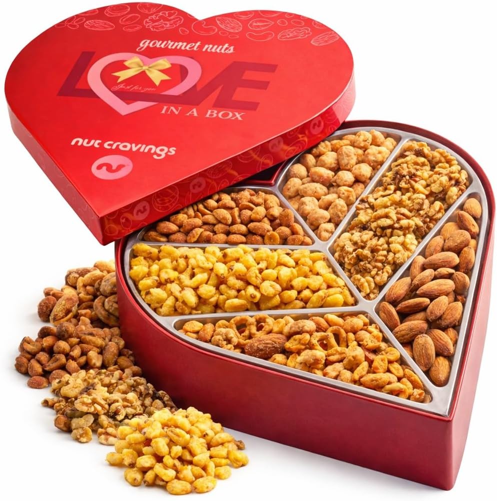 NUT CRAVINGS - Mothers Day Treats, Mixed Nuts Heart Shaped Gift Basket, Love in A Box (6 Assortments, 2 LB) Romantic Food Arrangement, Healthy Snack Care Package, Food Assortments