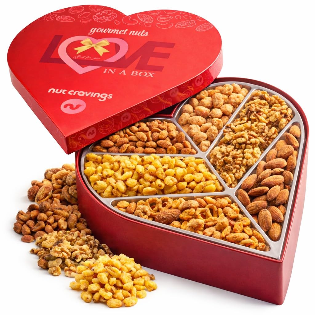 NUT CRAVINGS - Purim Mishloach Manot Mixed Nuts Heart Shaped Gift Basket, Love in A Box (6 Assortments, 2 LB) Romantic Food Arrangement, Healthy Snack Care Package, Food Assortments
