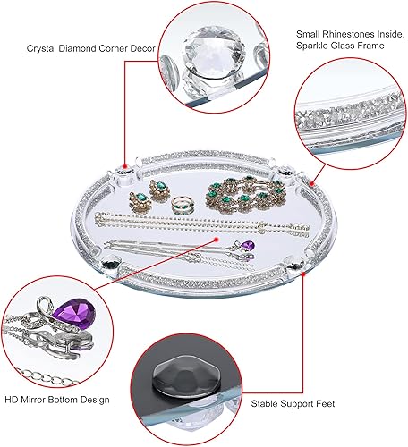 Miniatura 5 de JUXYES Bandeja decorativa de diamante triturado, bandeja de maquillaje brillante para cosméticos, bandeja de tocador con espejo, bandeja decorativa