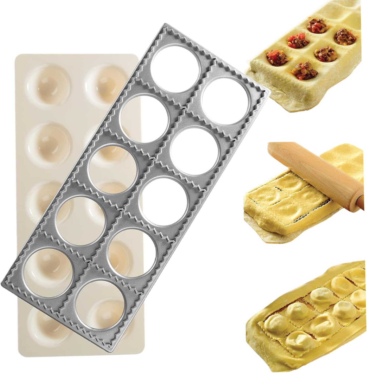 Ravioli Mold 10 Holes Silver 10 x 4" Dumpling Maker Convenient Alloy Pasta Tools Sturdy Hand Pie Molds Safe Baking Tools for Dumplings, Ravioli, Cakes and Cookies