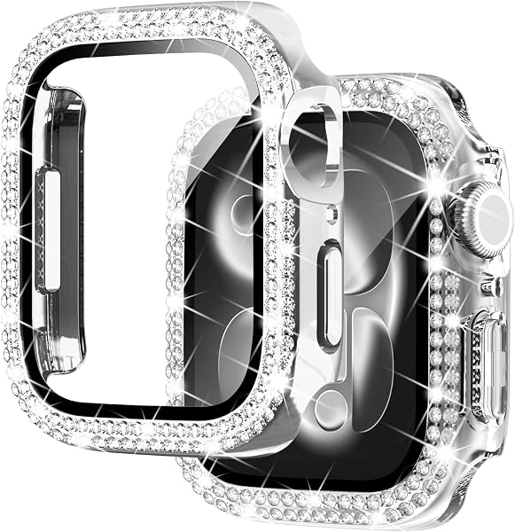 NewWays 2 Pack Compatible with Apple Watch Case 44mm Built-in Screen Protector,Women Diamond Bling Cases for iWatch Series SE(2025-2020) 6 5 4,Silver/Clear - 1