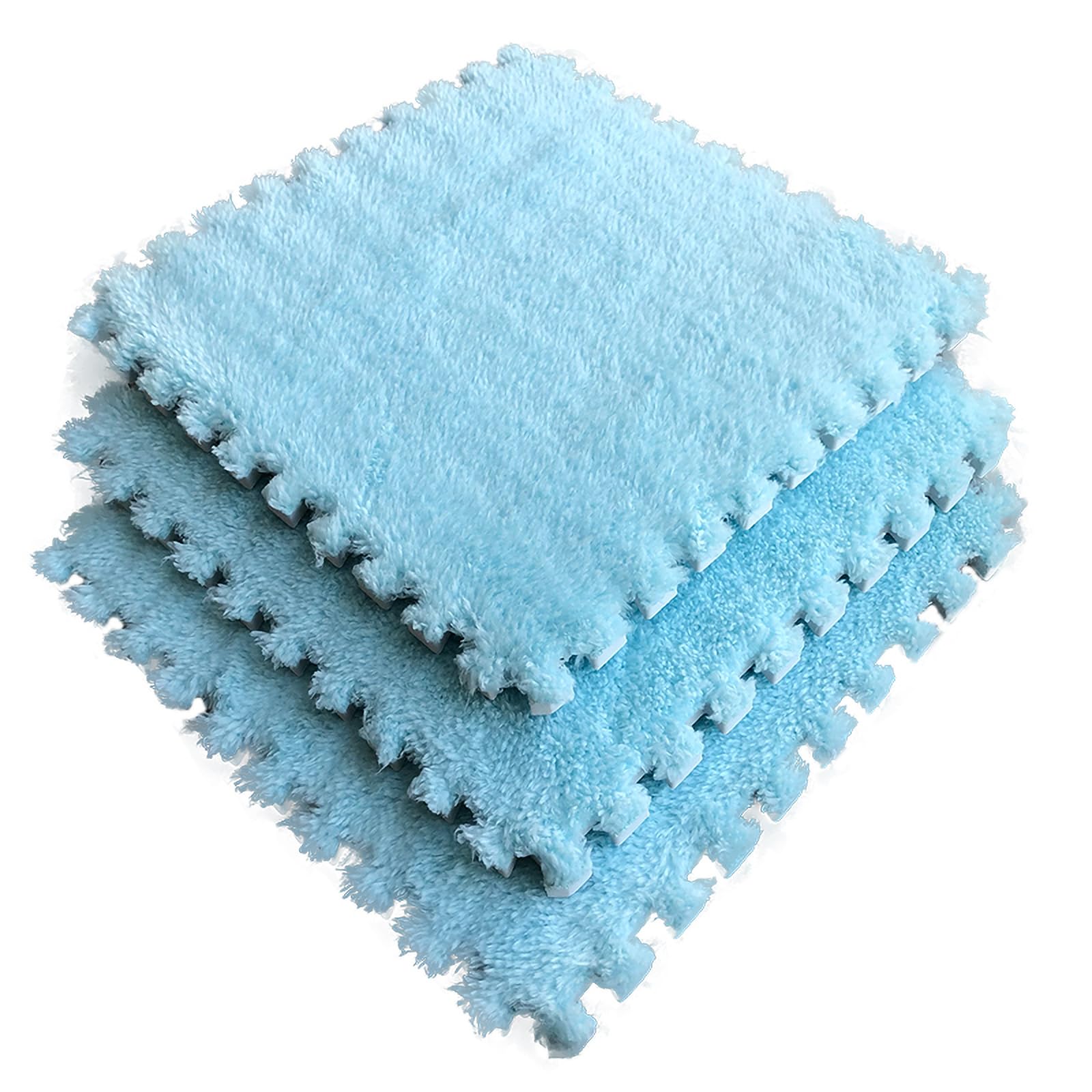12pcs Tiled Puzzle Play Mats Interlocking Shaggy Soft EVA Foam Mats Protective Floor for Children Kids Room Home Parlor Bedroom(Lightblue)
