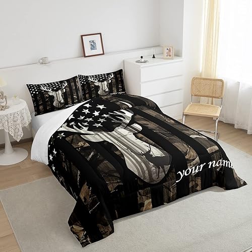 Miniatura 2 de Juego de edredón personalizado con diseño de bandera estadounidense de camuflaje para niños, tamaño Queen, decoración de dormitorio de niñas y