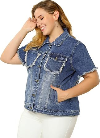 Agnes Orinda Plus Size Womens Denim Jackets Button Washed Frayed Jean Short Denim Jacket 2024 Summer