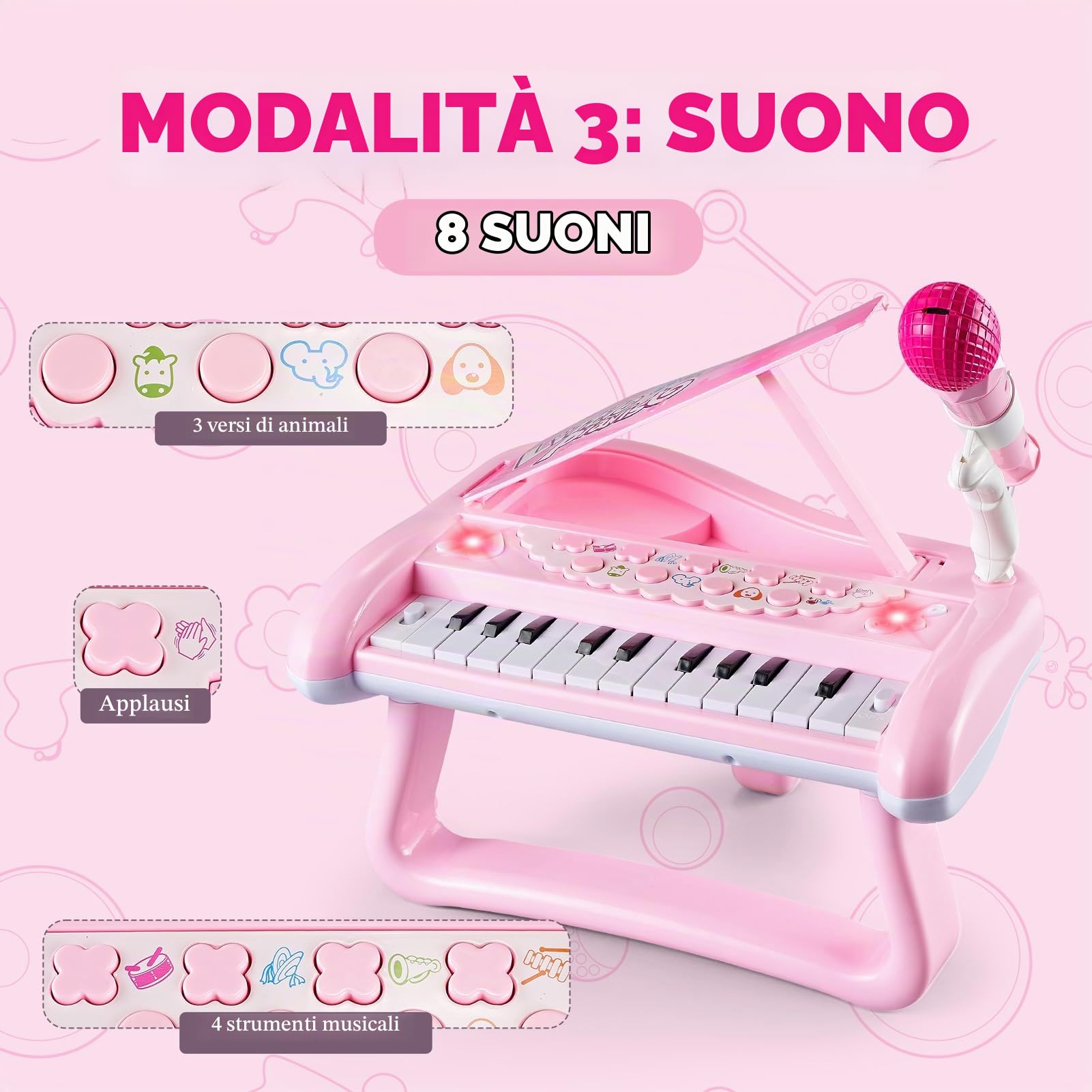Pianola Bambino,Pianoforte con Microfono,Bambini Tastiera Musicale Giochi,Regali per Bambina 1 2 3 Anni
