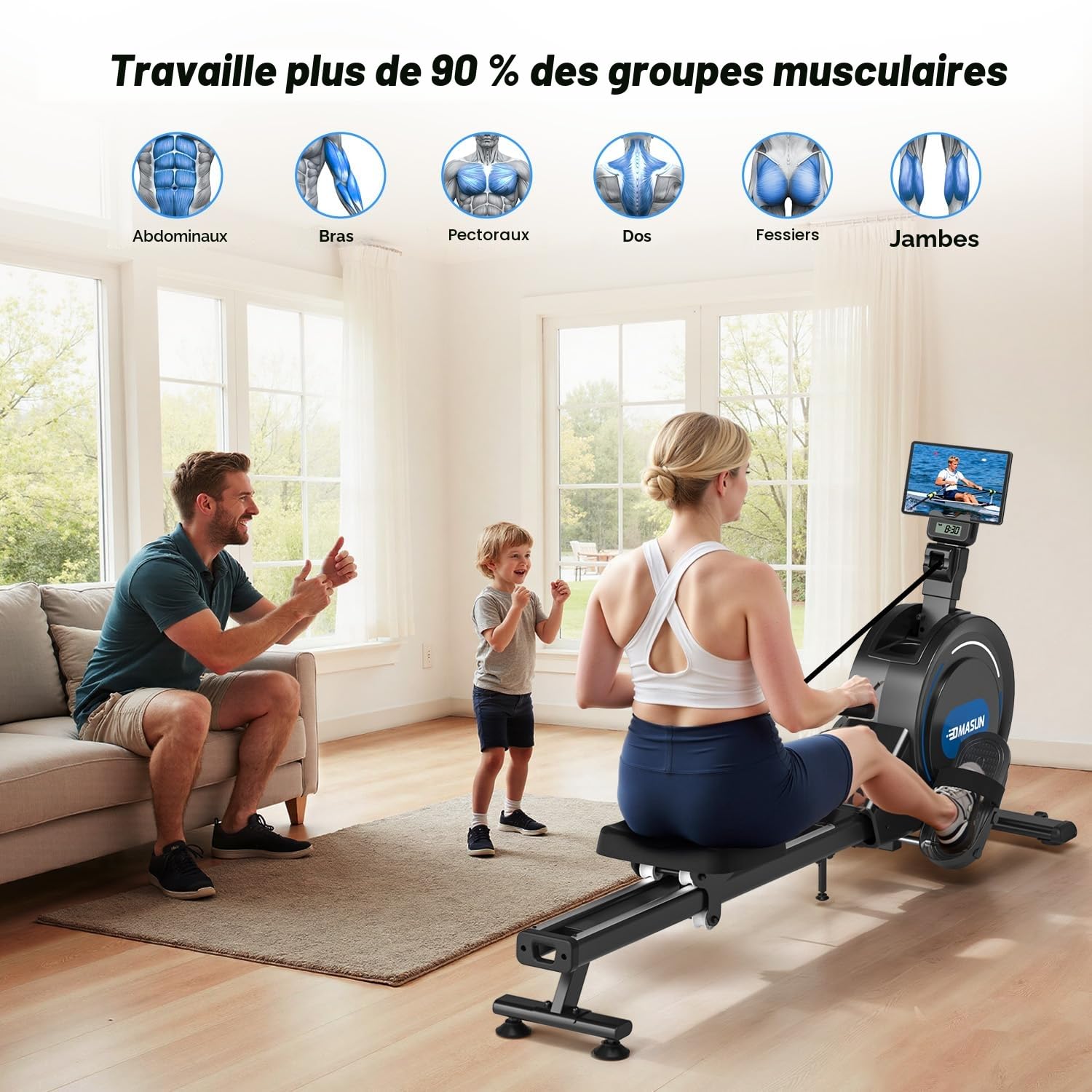 DMASUN Rameur Musculation d'Appartement​, 16/32 Niveaux de Résistance Magnétique, Rameur à Double Rails, App et Écran LED, Rangement Vertical, Assemblage Facile, Capacité 160 kg