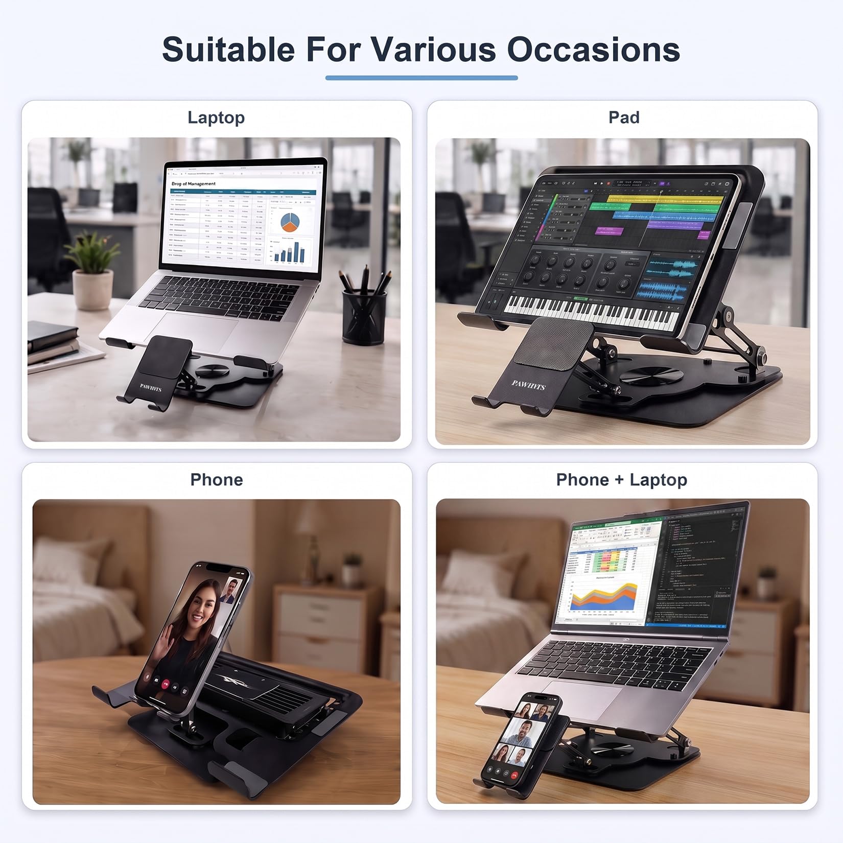 Base di raffreddamento per laptop con ventola e raffreddamento staccabili, supporto regolabile 2 in 1 per laptop e telefono, base girevole a 360°, struttura in acciaio al carbonio per laptop