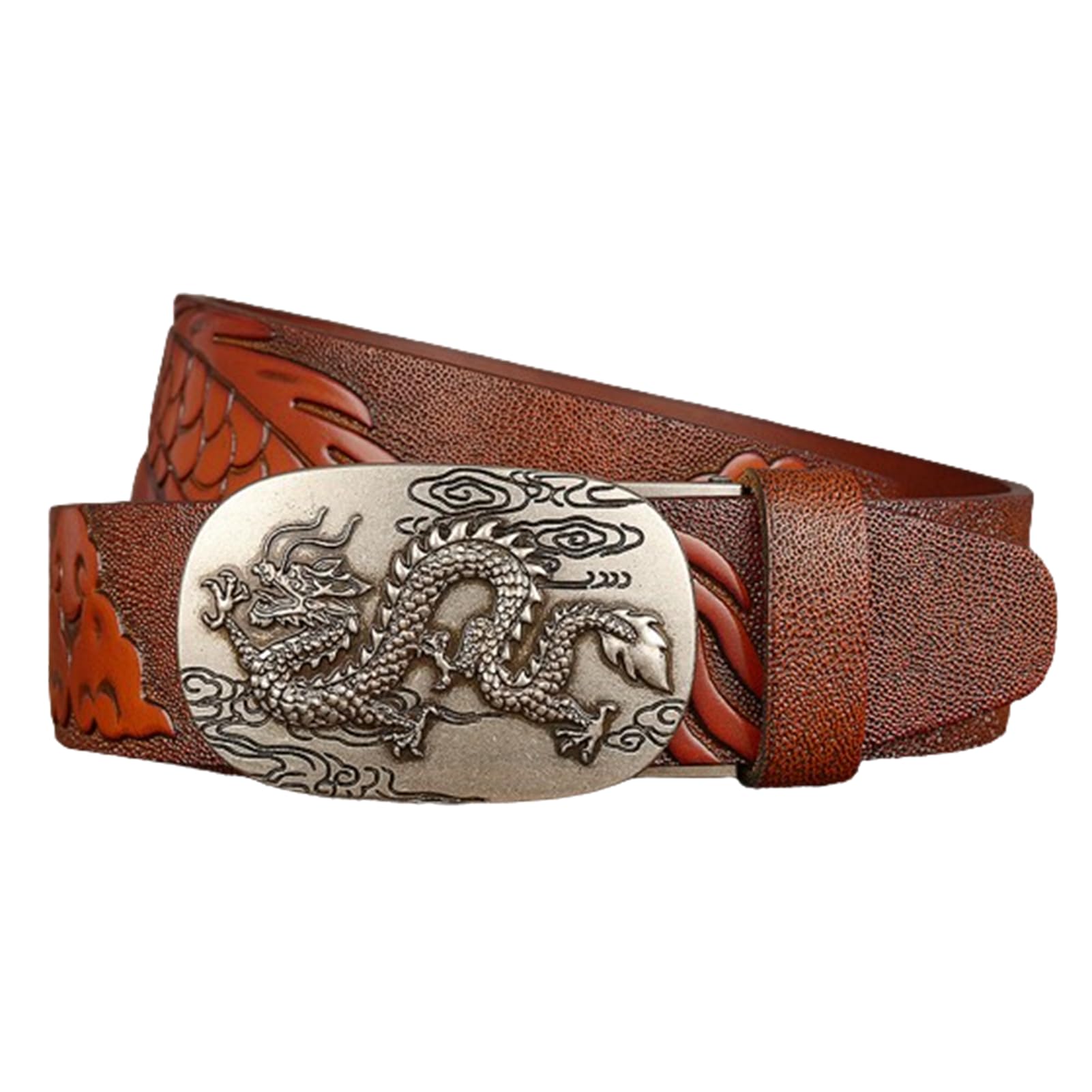 Cinturón De Trinquete para Hombre Longitud Ajustable Full Grain Suave Cinturones De Cuero De Vaca Genuino con Hebilla Automática Filigrana Dragón Tallado(120cm/47, Brown)
