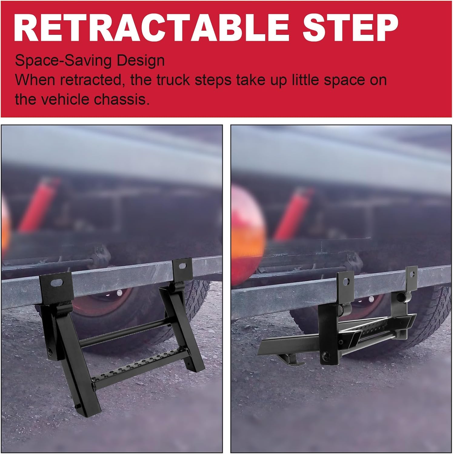 1-Rung Retractable Truck Steps Trailer Pickup Bed Stepper Non-Slip Tread L-Shaped Bracket Black Flatbed Truck Hitch Ladder Universal
