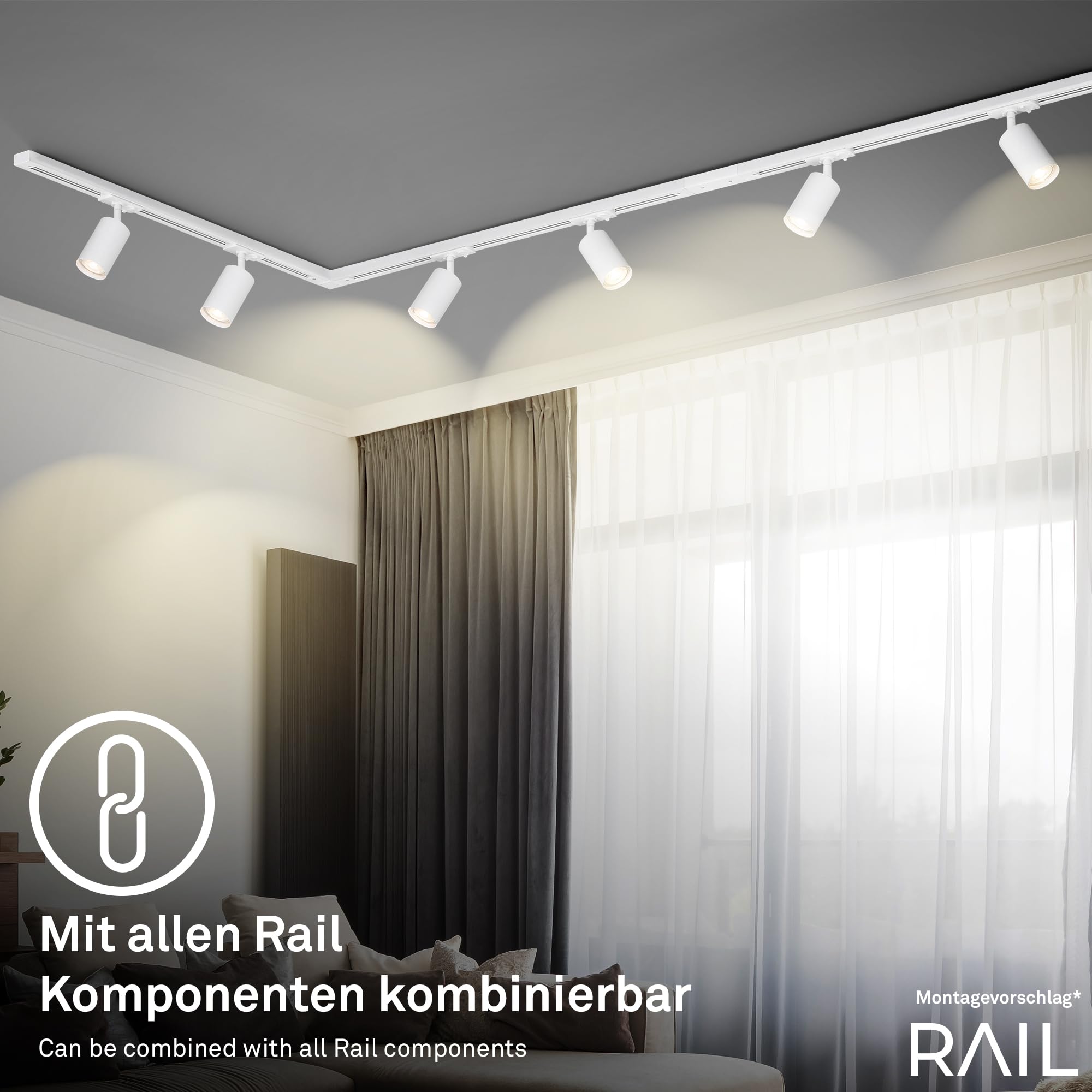 BRILONER Schienensystem Rail Komplettset 4x GU10 Spots schwenkbar 2x GU10 Pendel L-Form 2,25m Weiß