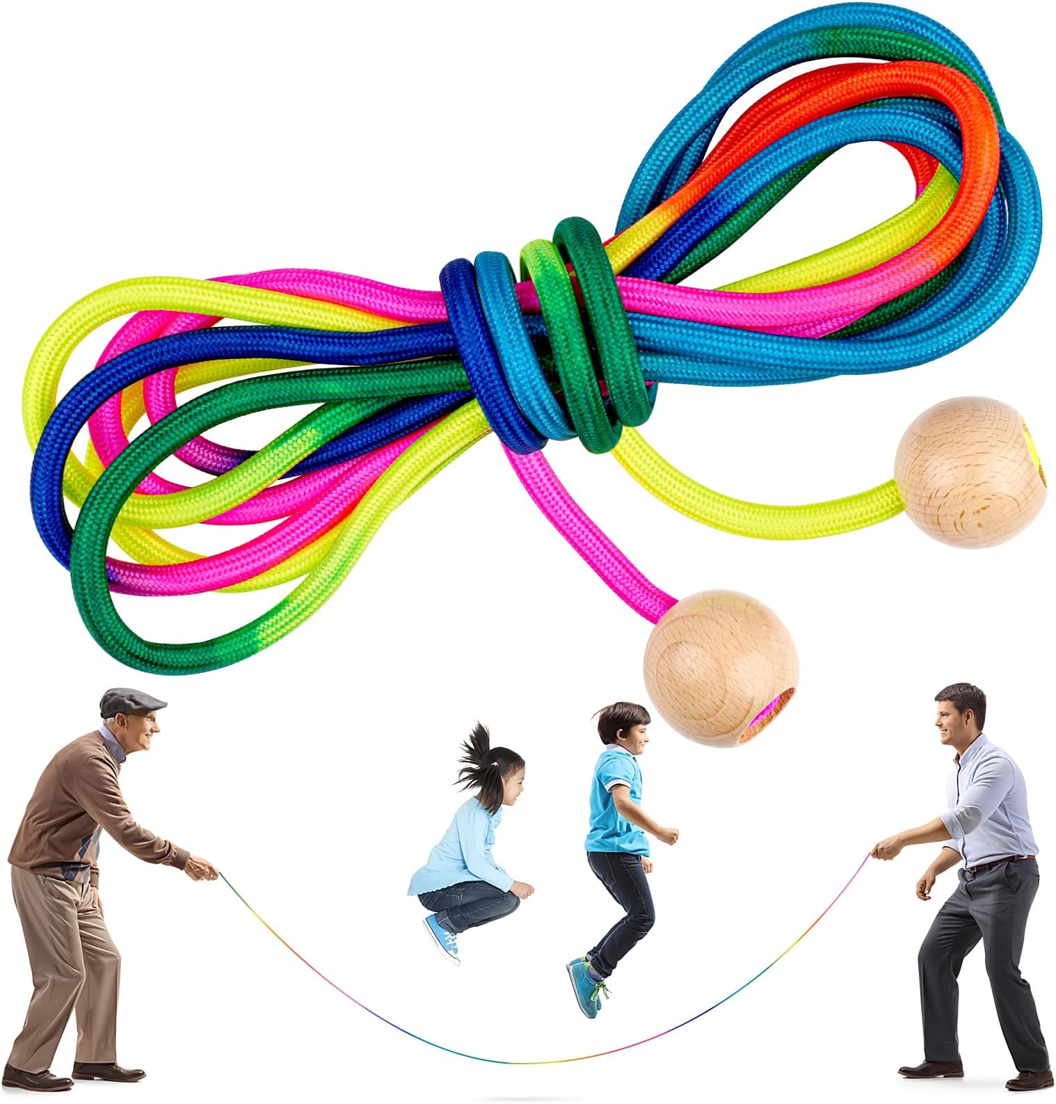 Skipping Rope for Multiplayer, 5 Metre Rope Skipping Children, Skipping Rope Long Multi-Skipping Children with Wooden Ball Handle, Group Skipping Rope for Children and Adults