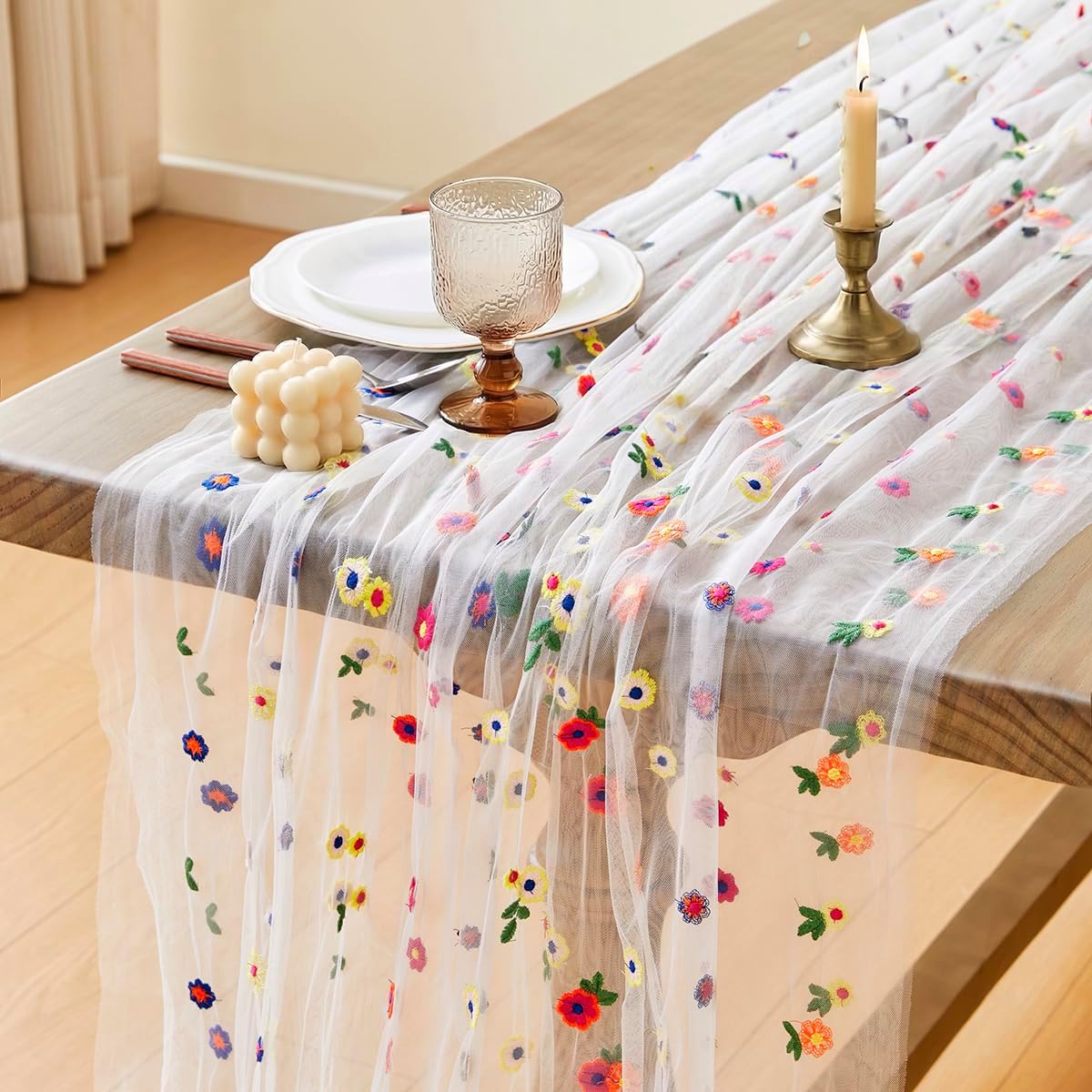 Wracra 3pcs Embroidery Cheesecloth Table Runner Daisy Summer Fall Table Runner 120 inch 10ft Florals Gauze Table Runners for Wedding Party Baby Shower Birthday Home Decor Holiday Decorations, White