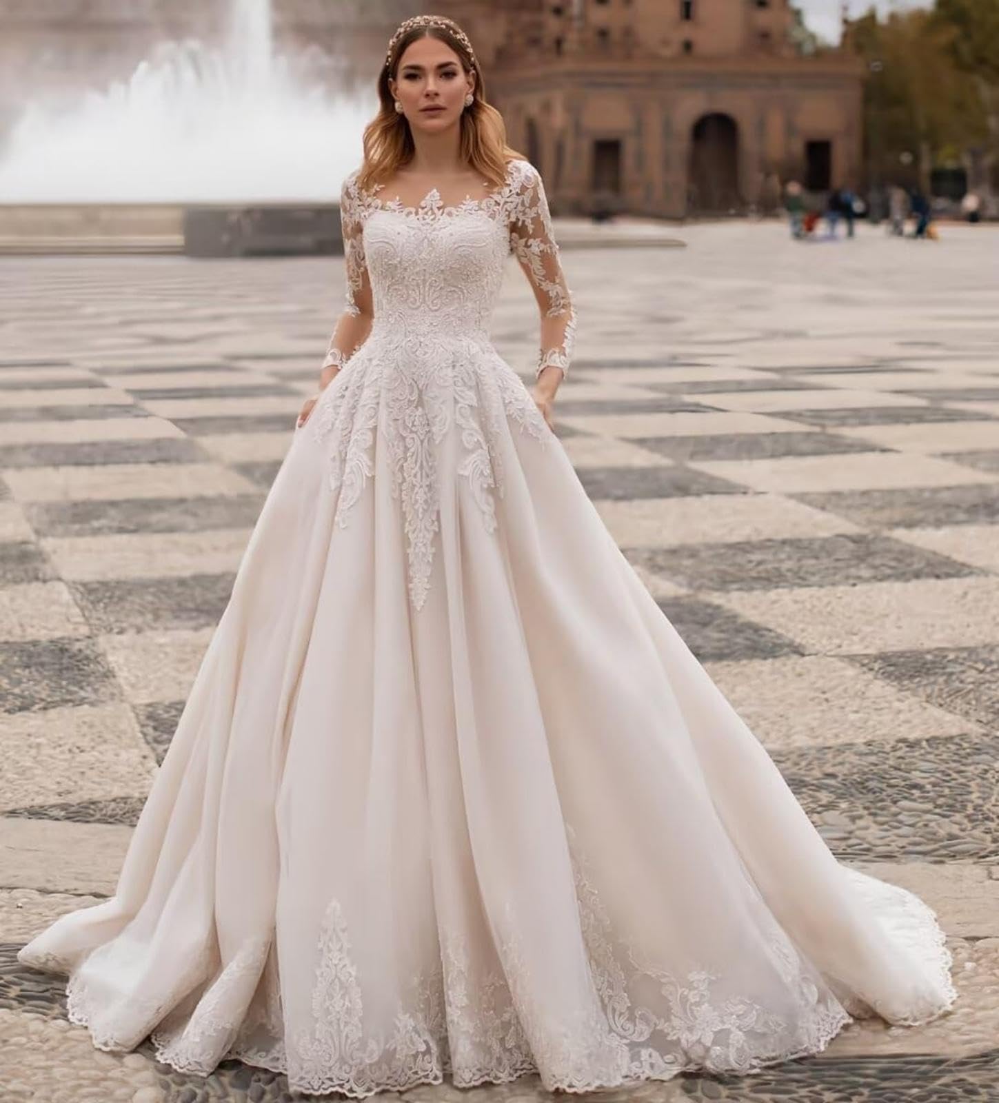 HUINI Hochzeitskleider für die Braut mit Schleppe Spitzen Langarm Tüll A-Linien Falten Brautkleider mit Taschen