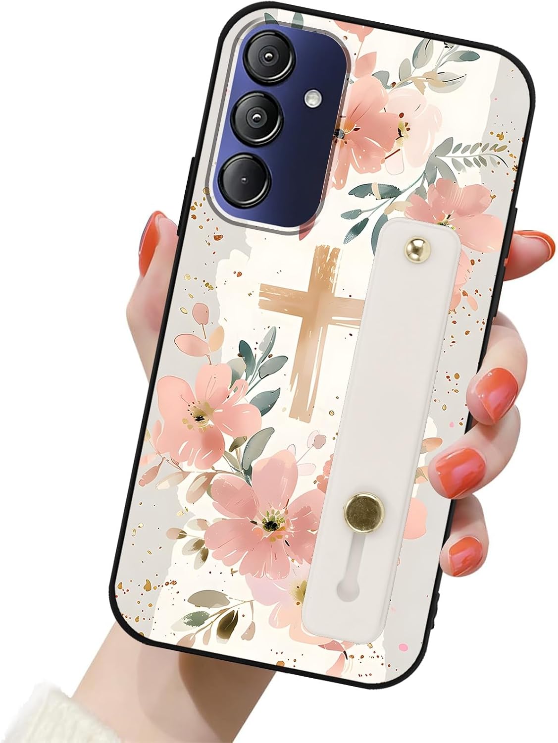 White Aesthetic Floral Phone Case for Gabb Phone 4 Pro 6.5 Inch, Cute Kawaii Flower Collage Pattern with Flexible Adjustable Soft Finger Hand Wrist Strap Holder Kickstand Protection Cover