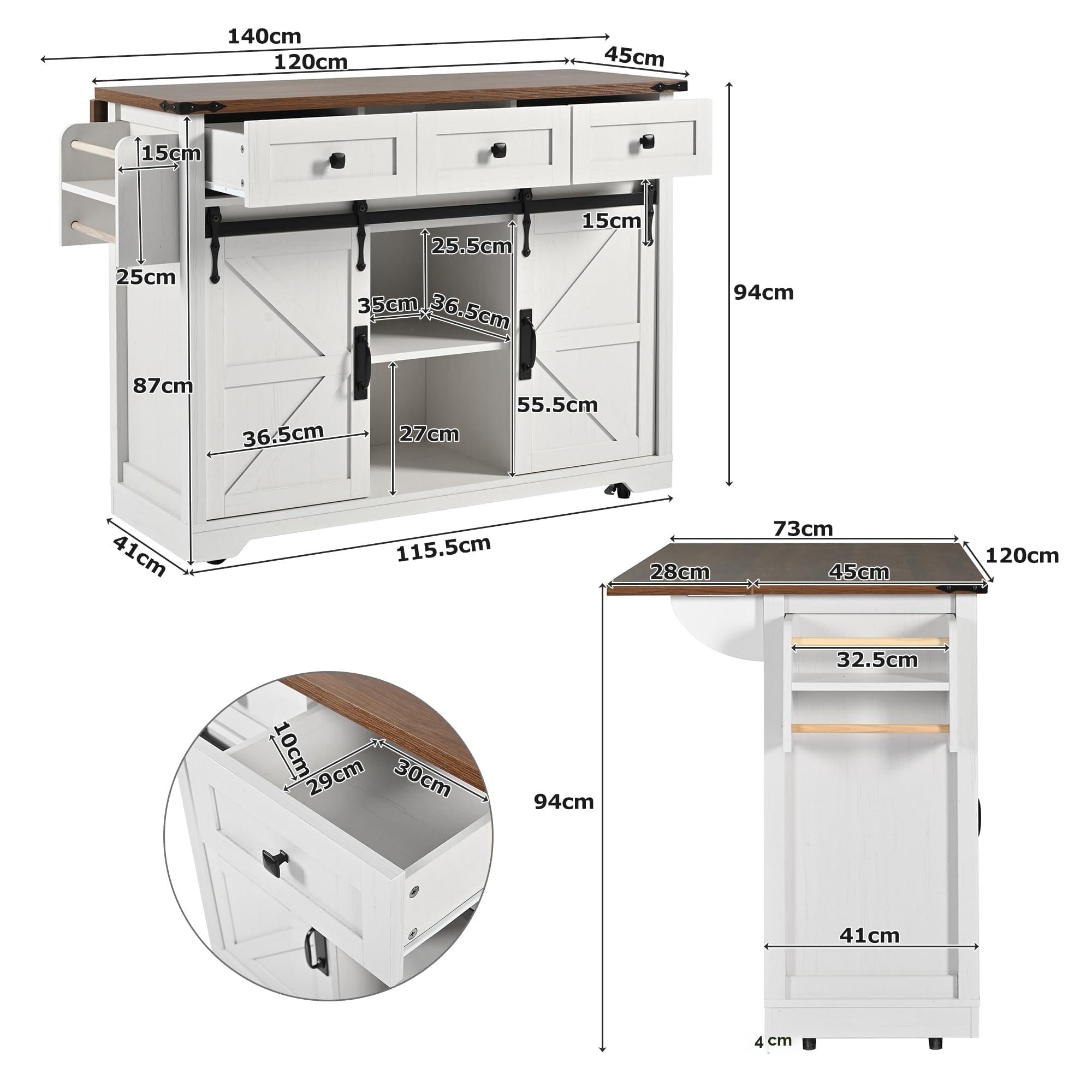 Isola della Cucina, Carrello da Portata Con Piano di Lavoro Estraibile, Su Ruote, Armadio Con Ante e Cassetti (Due Ante+Tre)