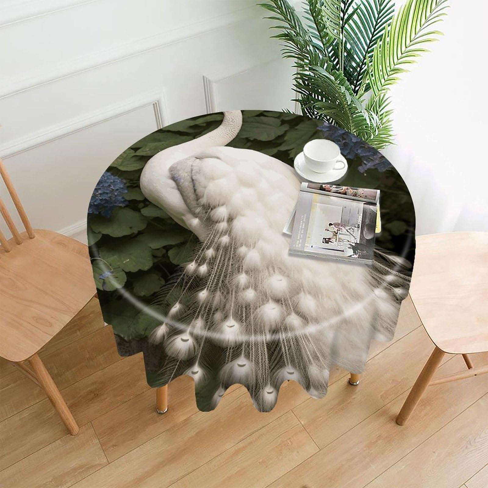 FodPand White Peacock Round Tablecloth - 60 Inch Premium Polyester Table Cloth, Fashion Wrinkle Resistant Decorative Table Cover for Dining Kitchen Party Buffet Tables