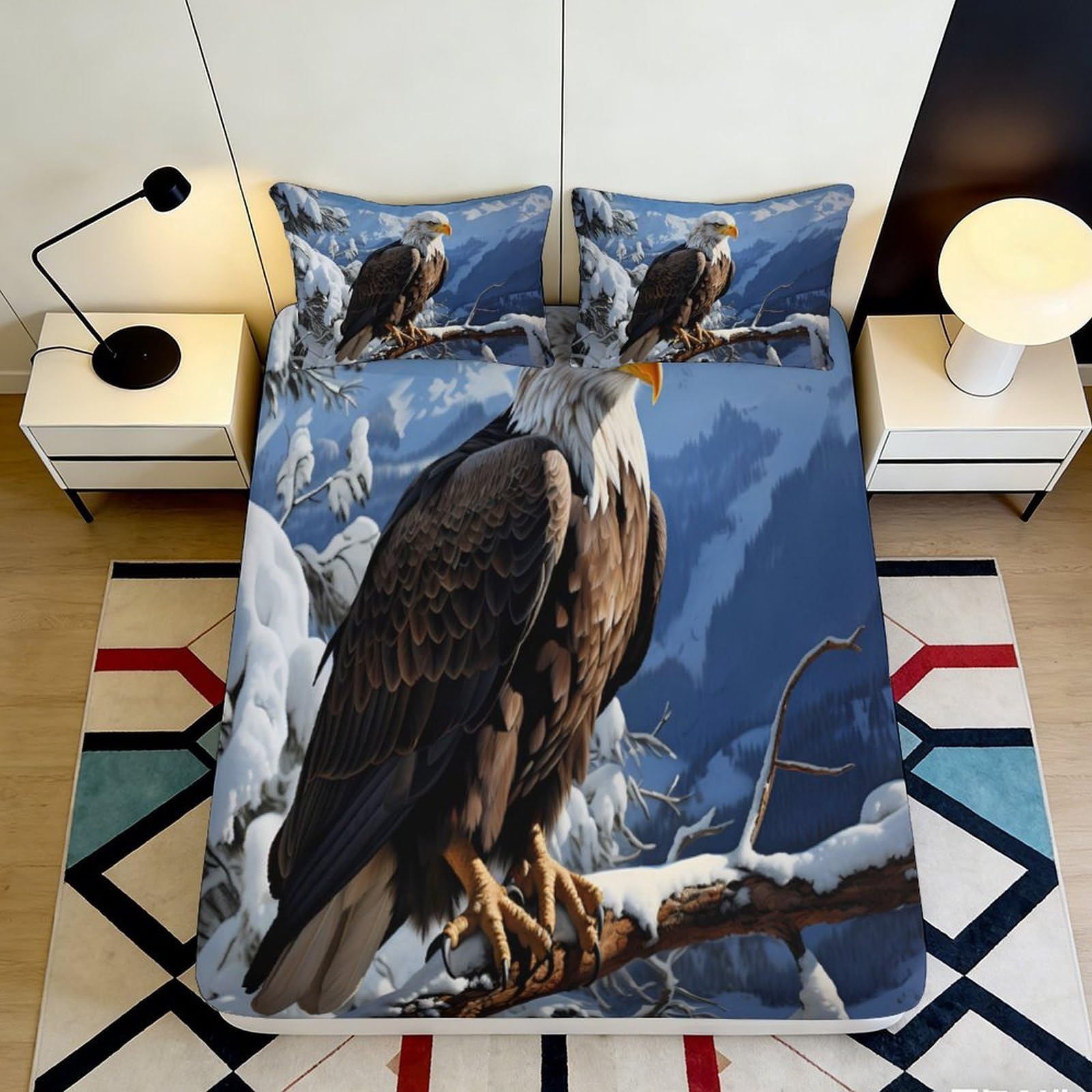 3D Printed Snow Mountain Eagle Fitted Sheet Microfiber Soft Anti-Slip Bed Cover for Bedroom Dorm Mattress Protection 180x200x25cm