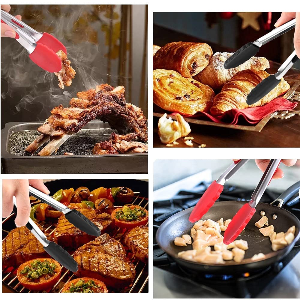 Pinzas de Cocina de Silicona para Barbacoa, Pinzas para Asar, Cocina, Ensalada, Pan, Pinzas para Servir, Pinza Antiadherente para Barbacoa (Negro de 7 Pulgadas)