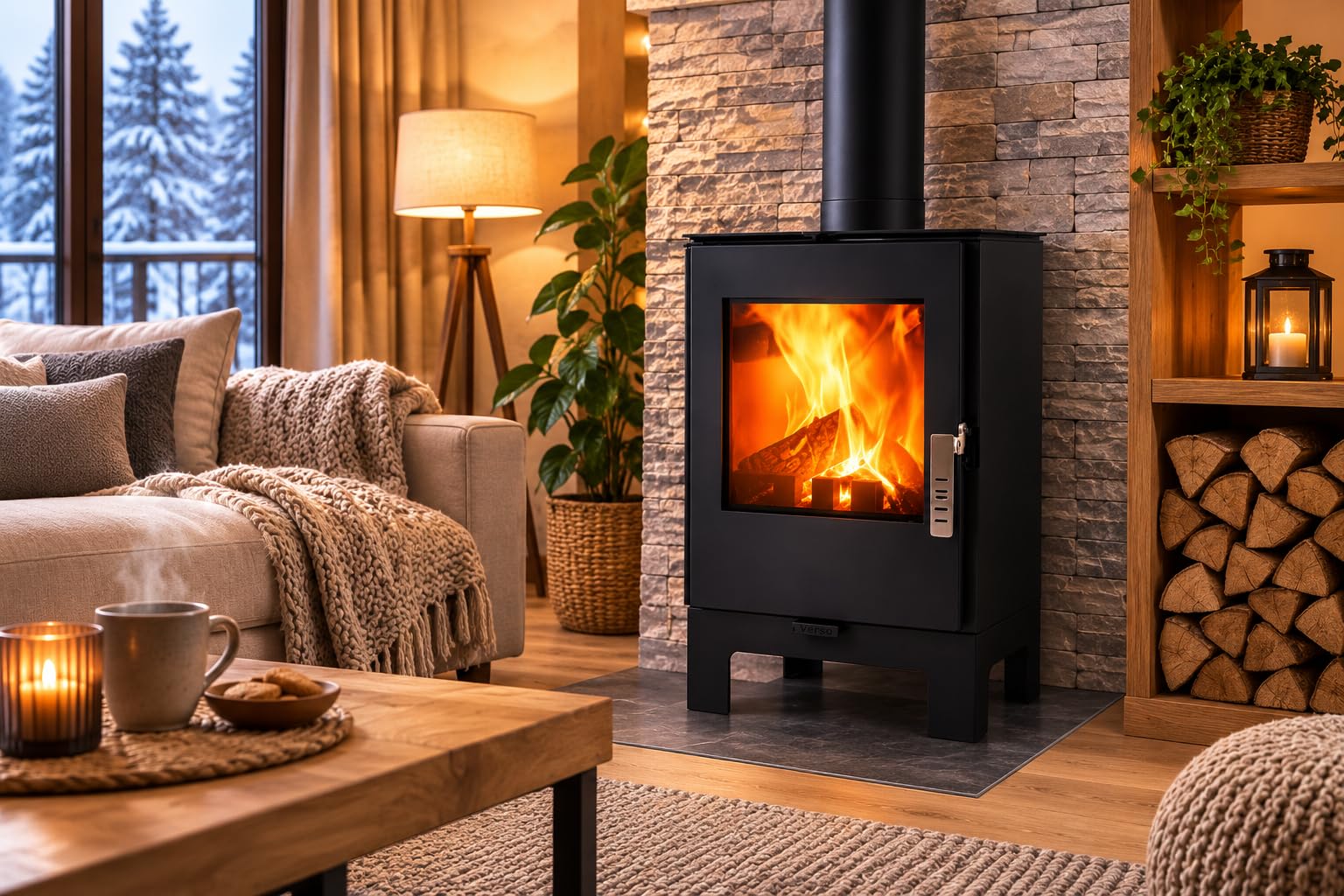 Verso - Stufa a legna da 2 l, 5 kW, 80,2% di alta efficienza, piastra superiore ultra compatta del corpo in acciaio (non ghisa), piccola stufa per 60-80 m³, Eco Low Emissions, 150 mm