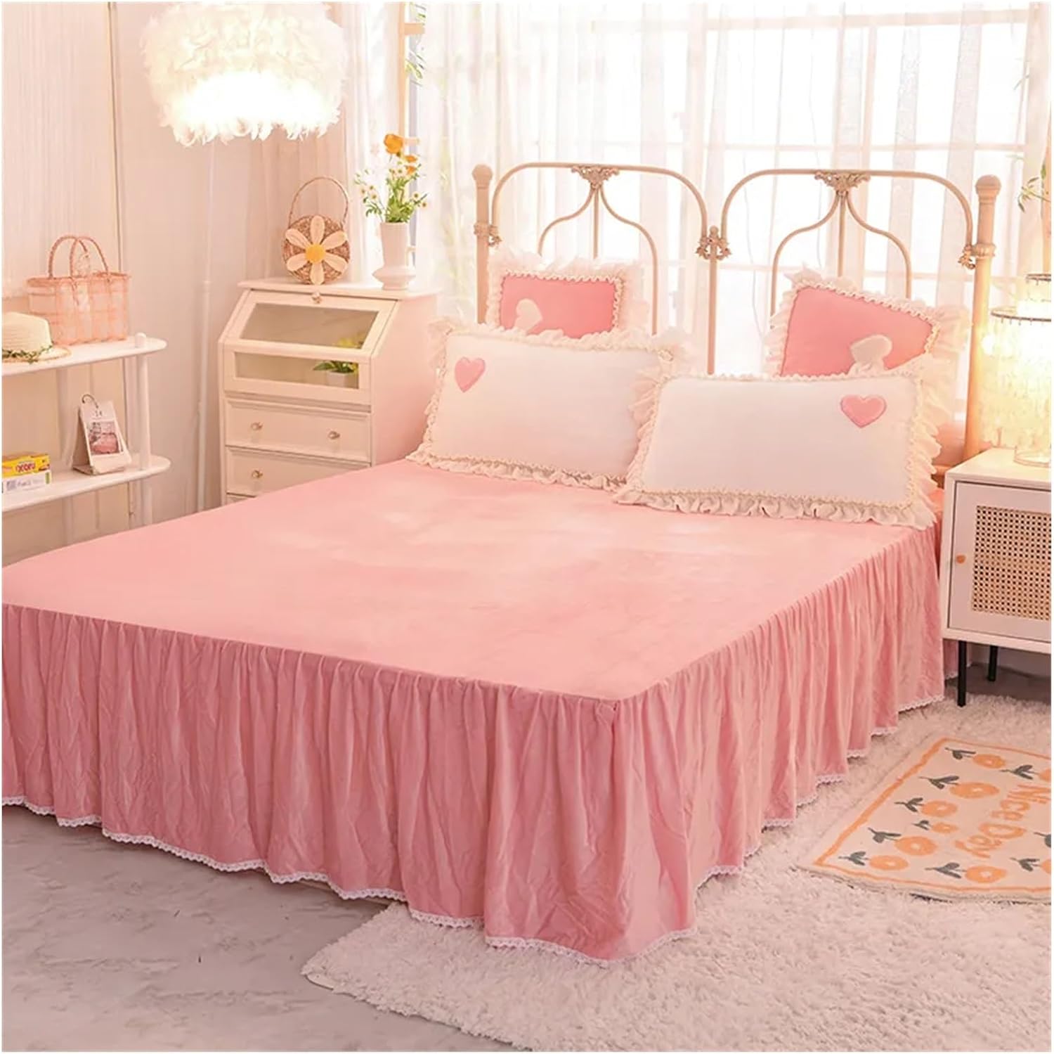 4PCS Winter Fleece Soft Thick Bed Skirt Bedding Set Duvet Cover Bed Linen Pillowcase Fitted Sheet Bed Four Pieces Set(Bianco,1.5M)
