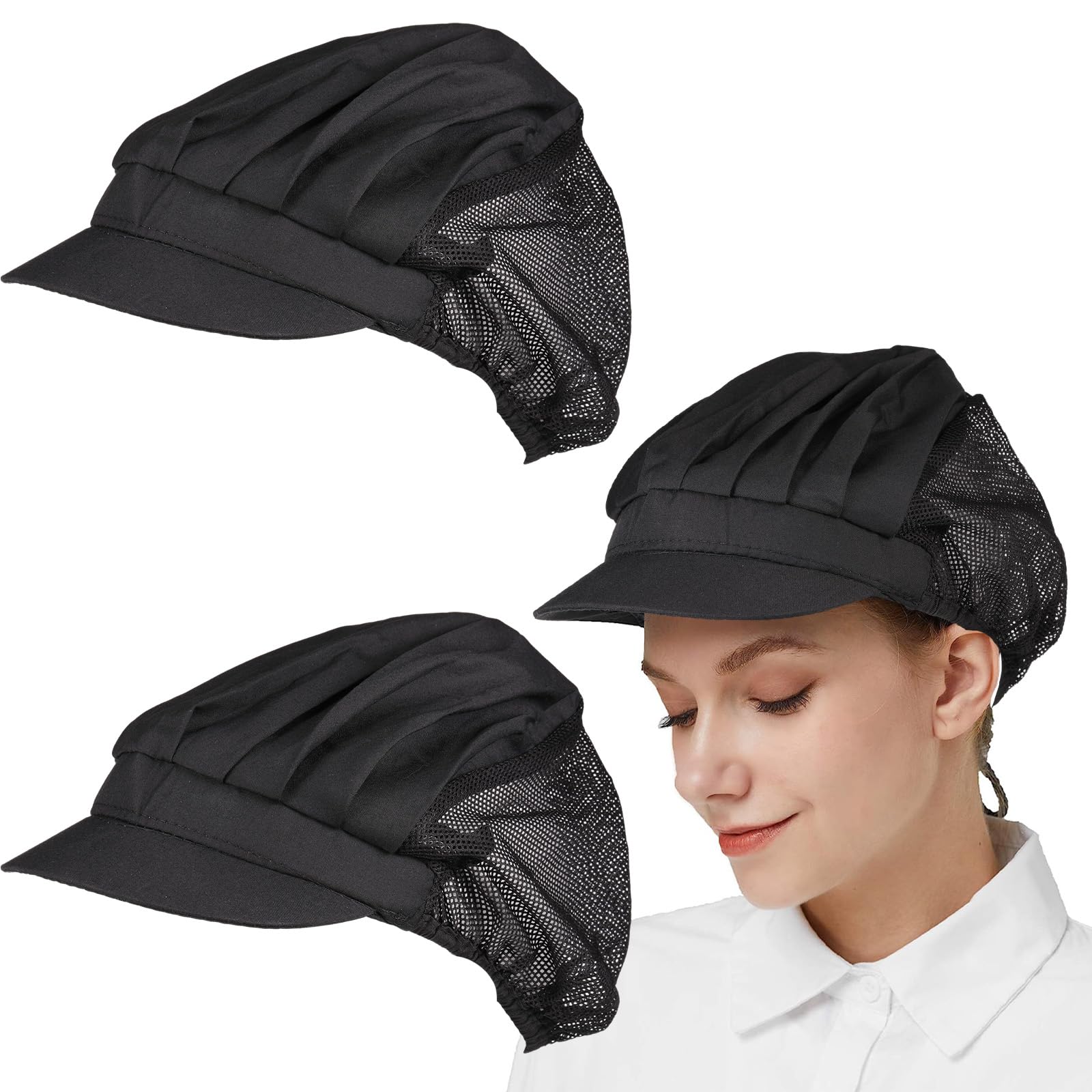 Vokmon2Pcs Chef Hat Women Adjustable Catering Hats,Kitchen Baker Cooking Chef Cap,with Full Mesh Elastic Breathable,Food Cotton Cap,Chefs Hat for Unisex Mens Womens for Kitchen Restaurant Cooking